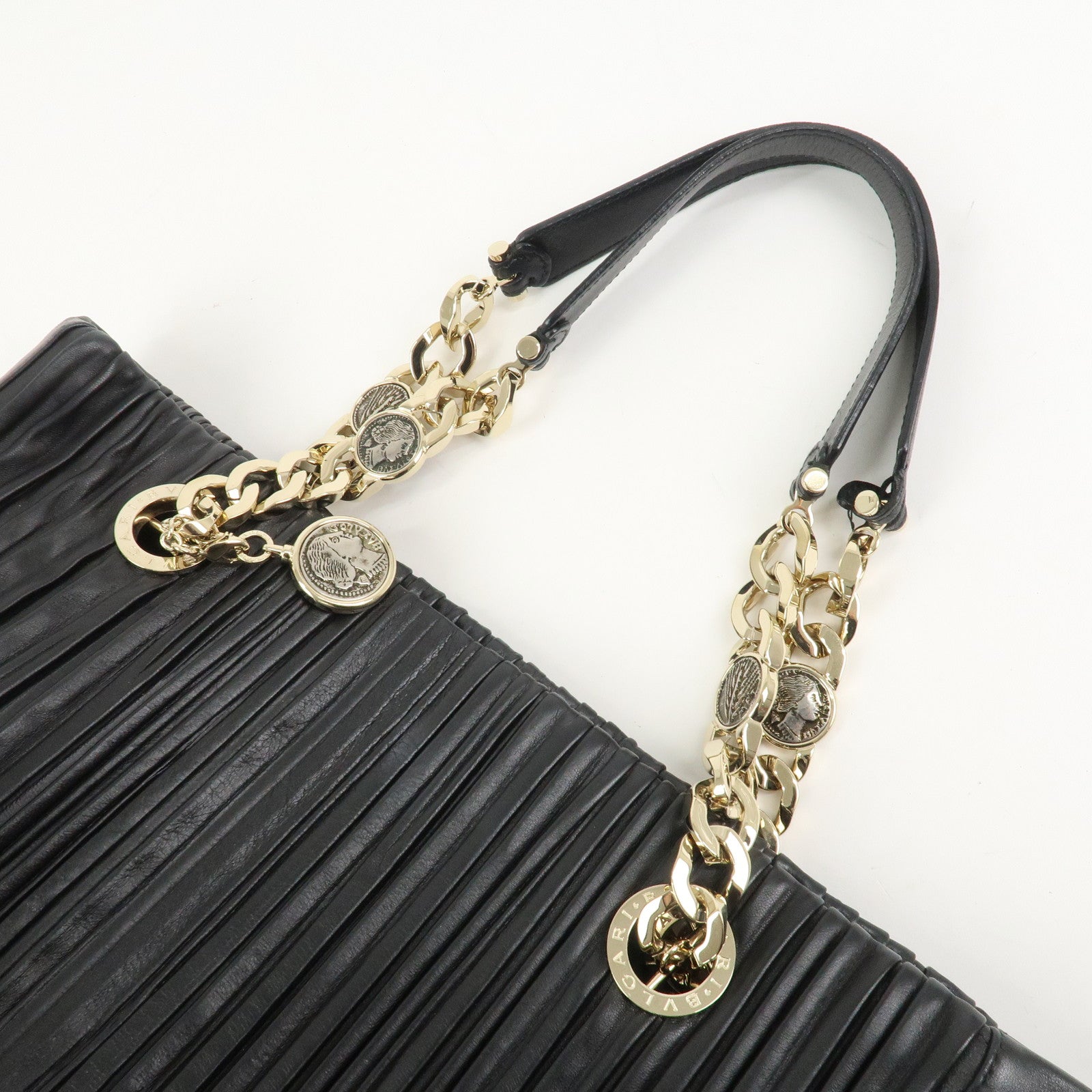 BVLGARI Monete Nappa Plisse Chain Shoulder Bag Tote Bag Black
