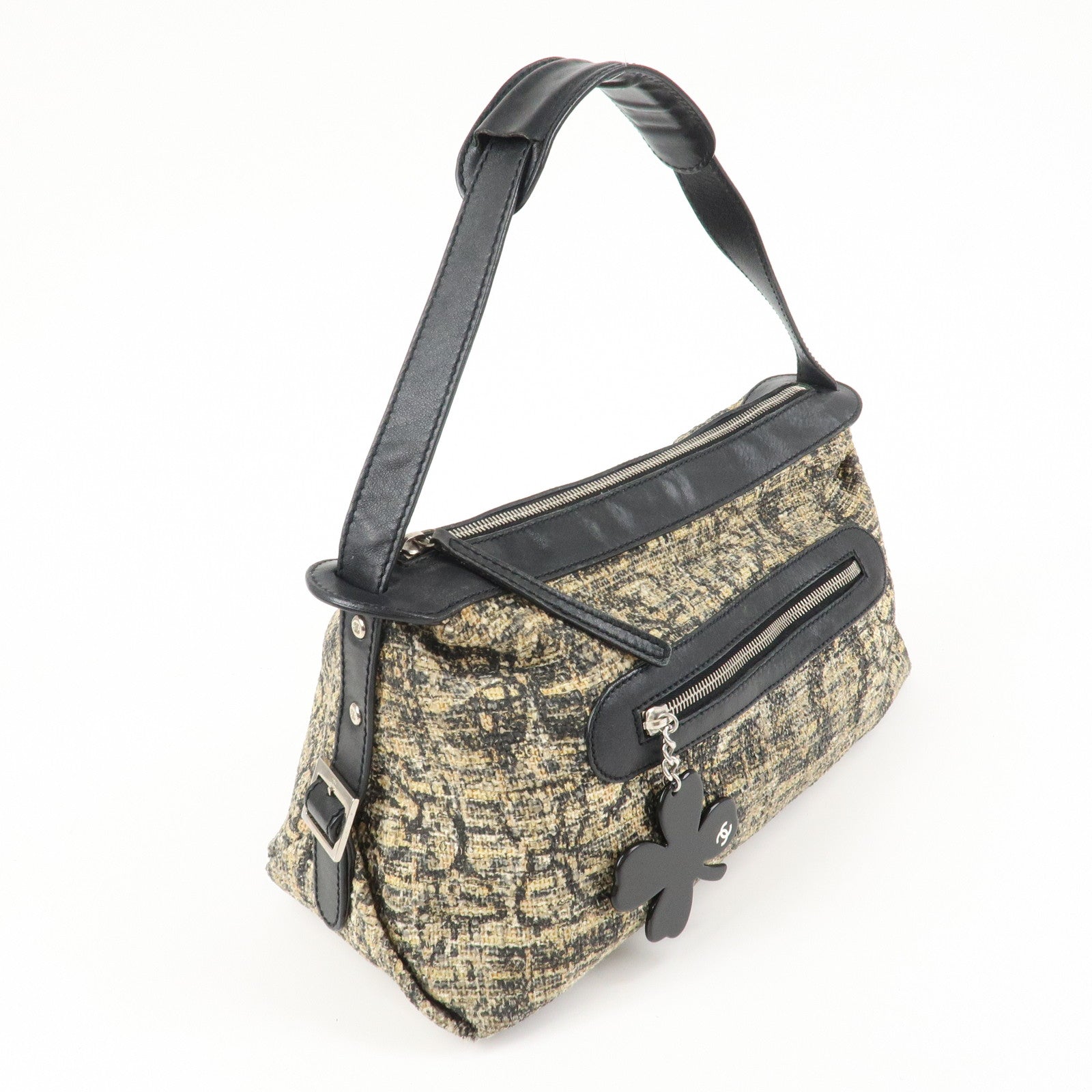 CHANEL COCO Mark Lamb Skin Tweed Shoulder Bag Hand Bag Black Silver HDW Used