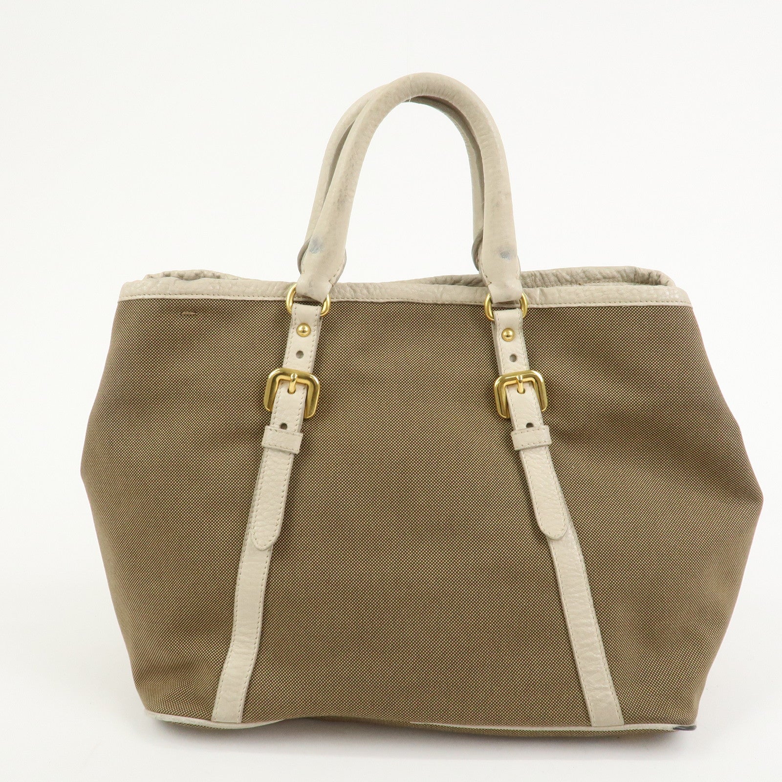 PRADA Logo Jacguard Leather 2Way Tote Bag Brown Ivory BN1841