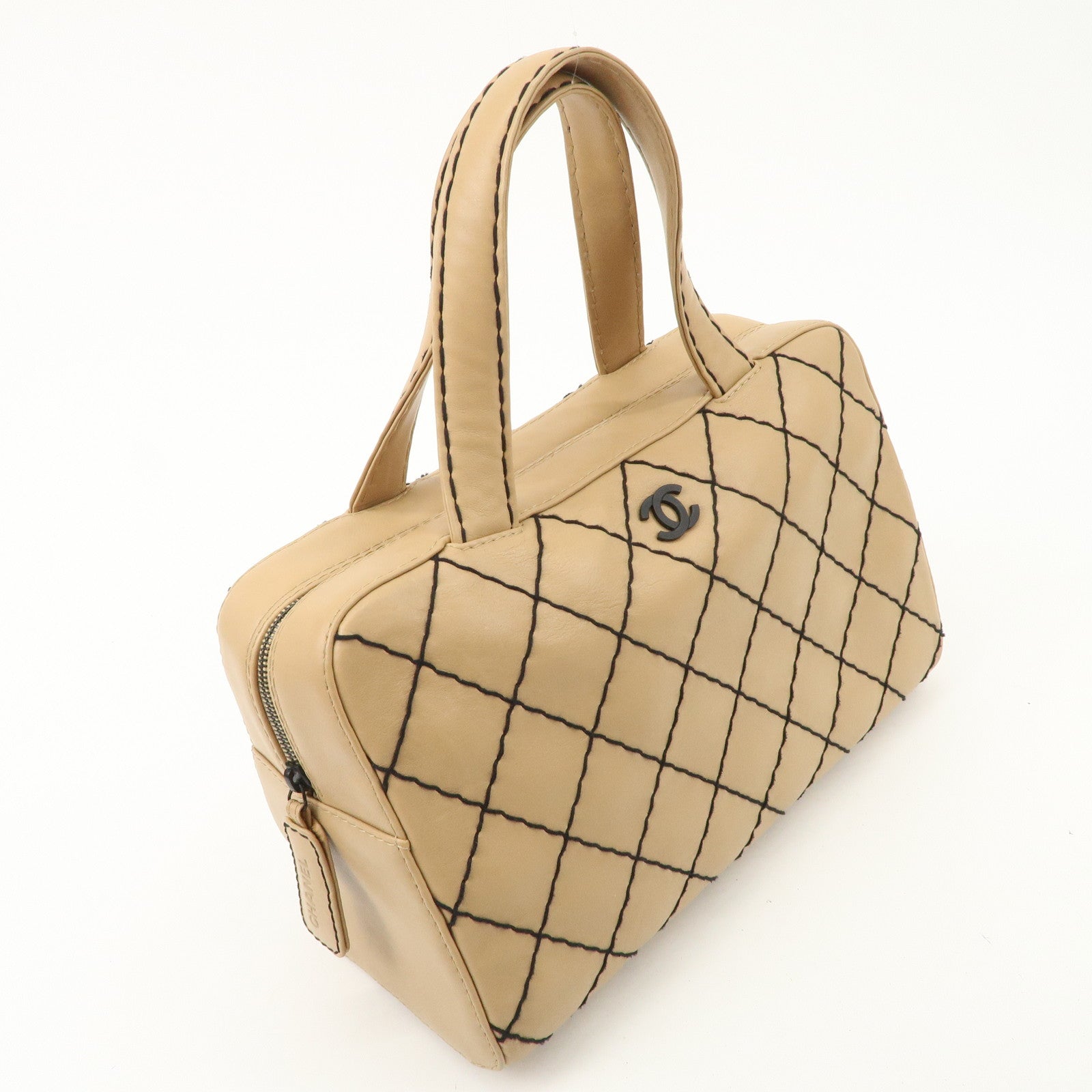 CHANEL Wild Stitch Calf Skin Coco Mark Hand Bag Beige A14692 Used