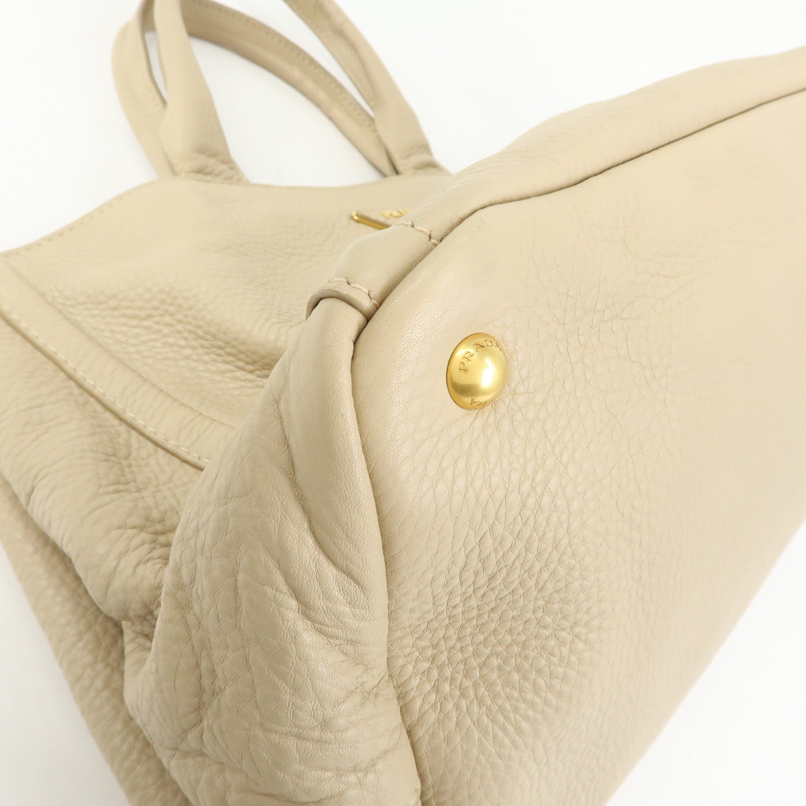 PRADA Triangle Logo Canapa Vittello Daino Leather Hand Bag Beige
