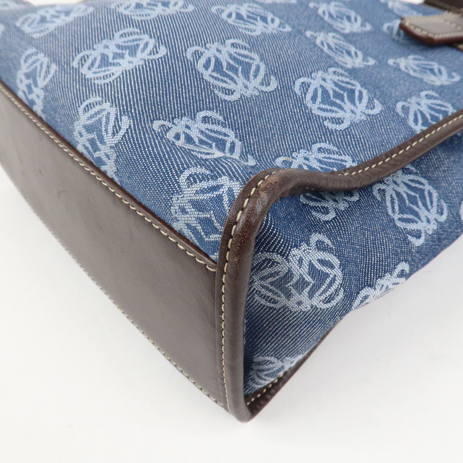 LOEWE Repeat Anagram Canvas Leather Tote Bag Hand Bag Blue Brown