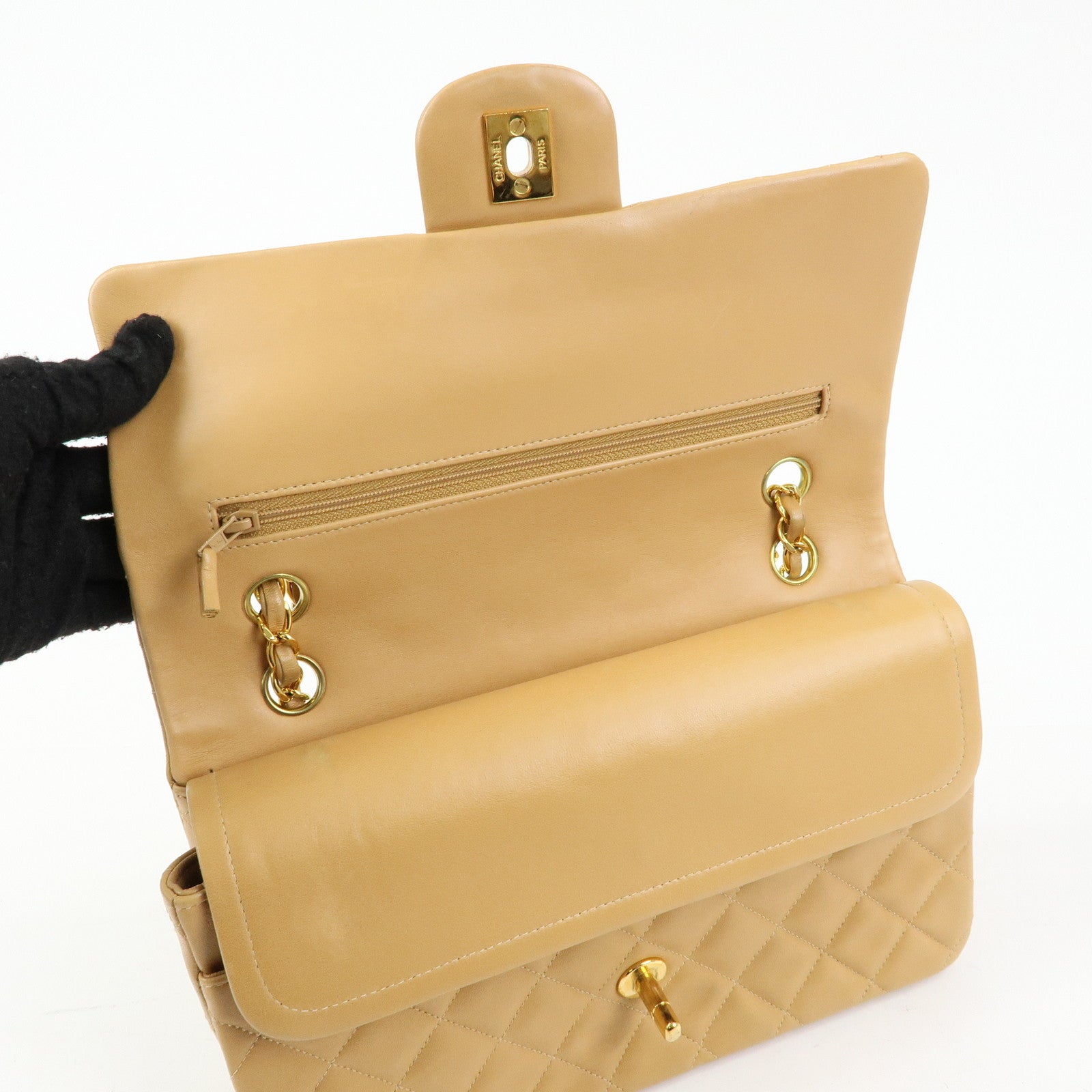 CHANEL Matelasse 25 Double Flap Chain Shoulder Bag Beige A01112