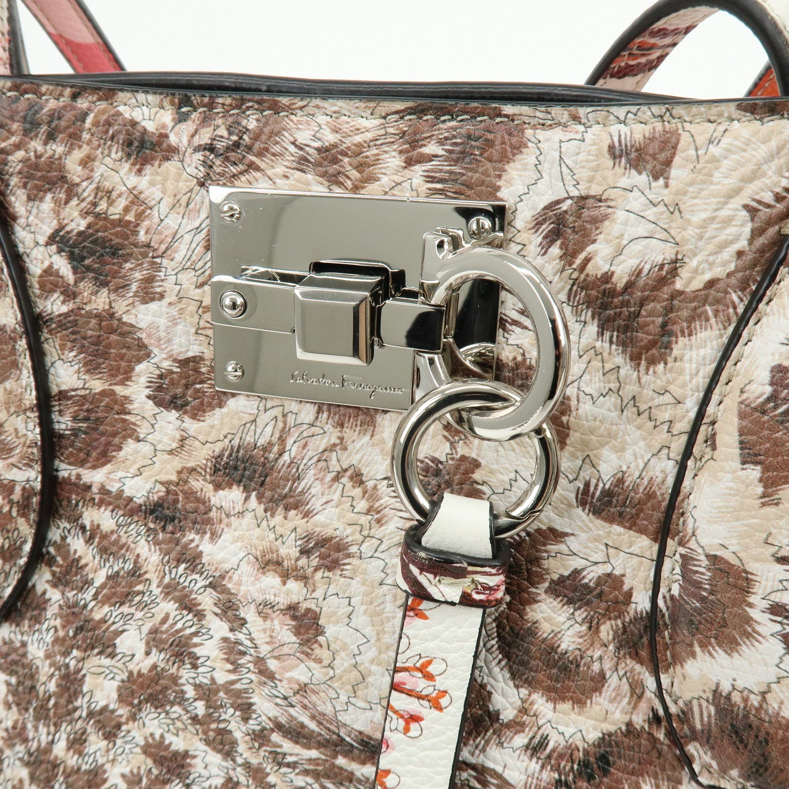 Ferragamo Gancini Leather Tote Bag Shoulder Bag Flower Print
