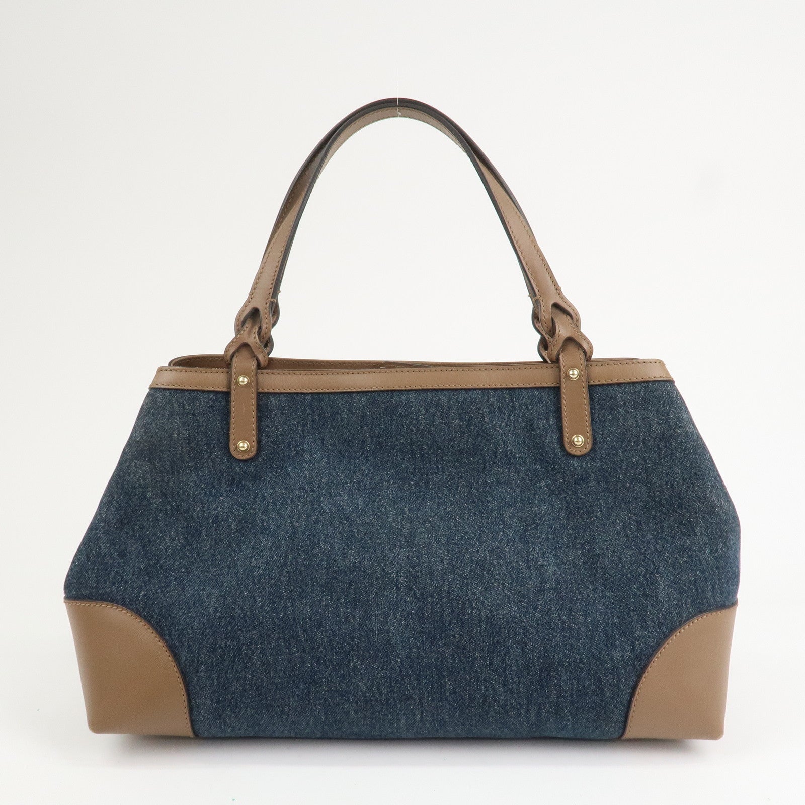 GUCCI Craft Denim Leather Tote Bag Hand Bag Navy Brown 348715