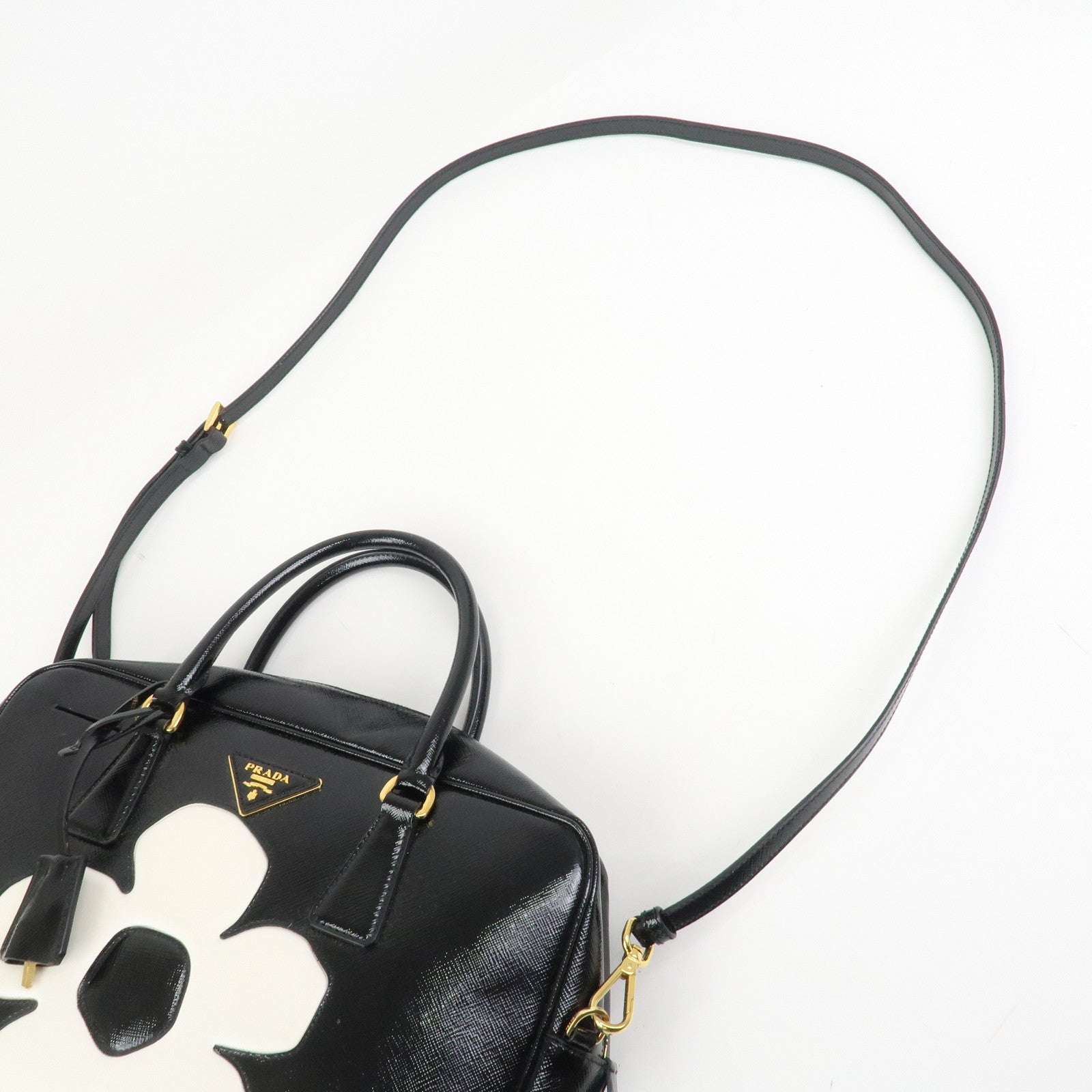 PRADA Flower Saffiano Leather 2Way Bag Hand Bag Black BL095M