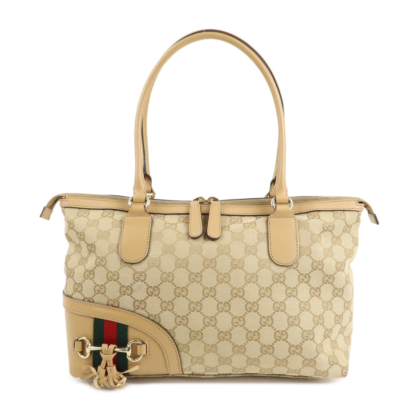 GUCCI Horsebit Sherry GG Canvas Leather Tote Bag Beige 232936 Used