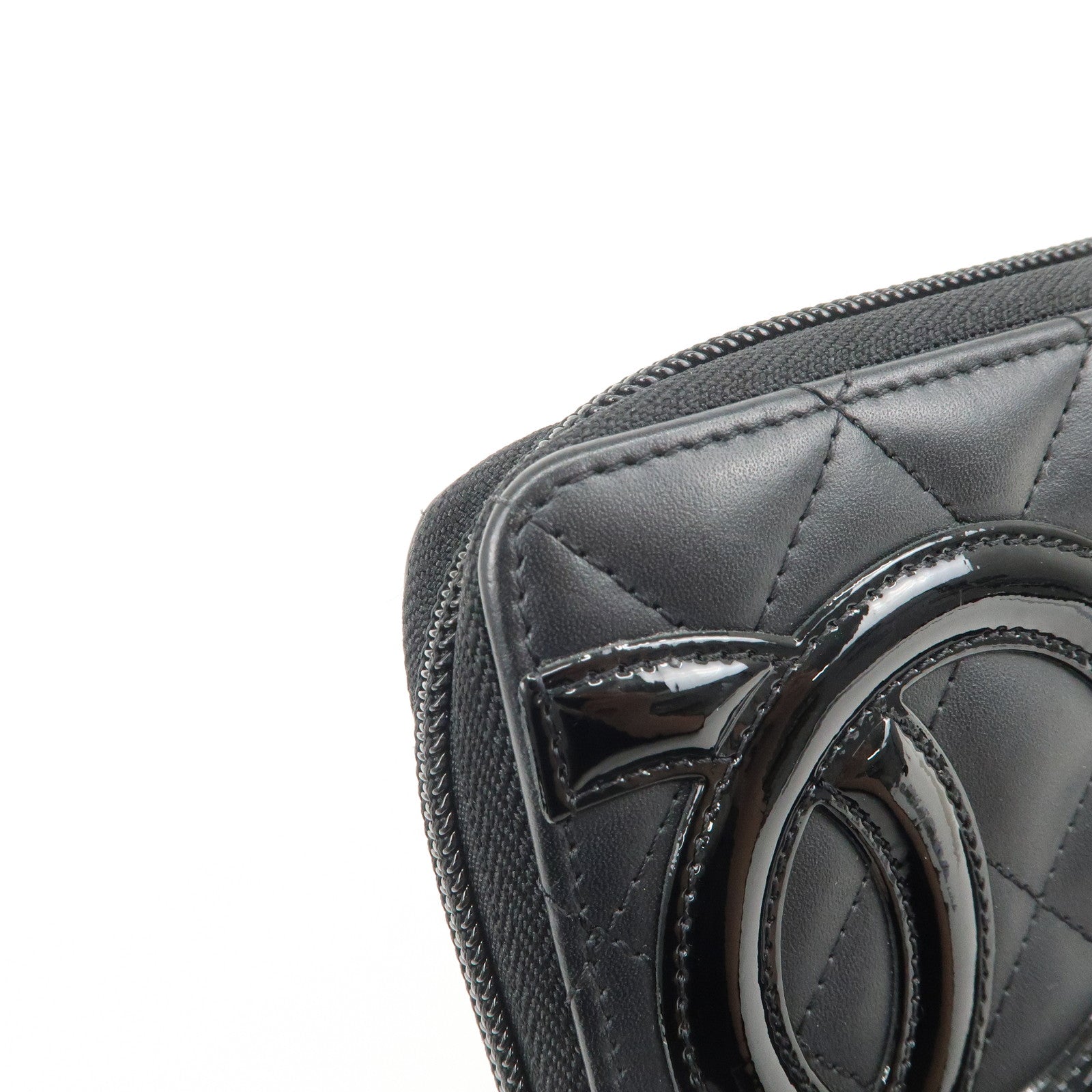 CHANEL Cambon Line Lamb Skin Round Zippy Long Wallet Black A50078 Used