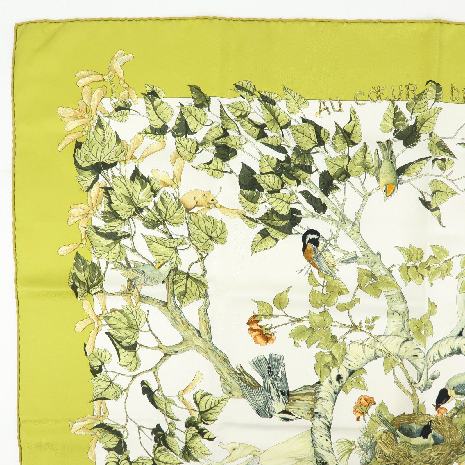 HERMES Carre 90 Silk 100% Scarf AU COEUR DESBOIS Light Green