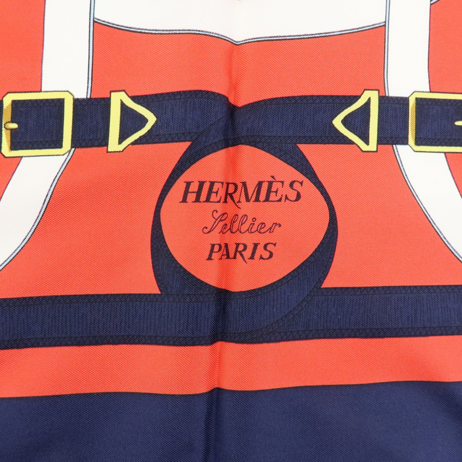 HERMES Carre 90 Silk 100% Scarf Eperon d'or Navy White Yellow Red