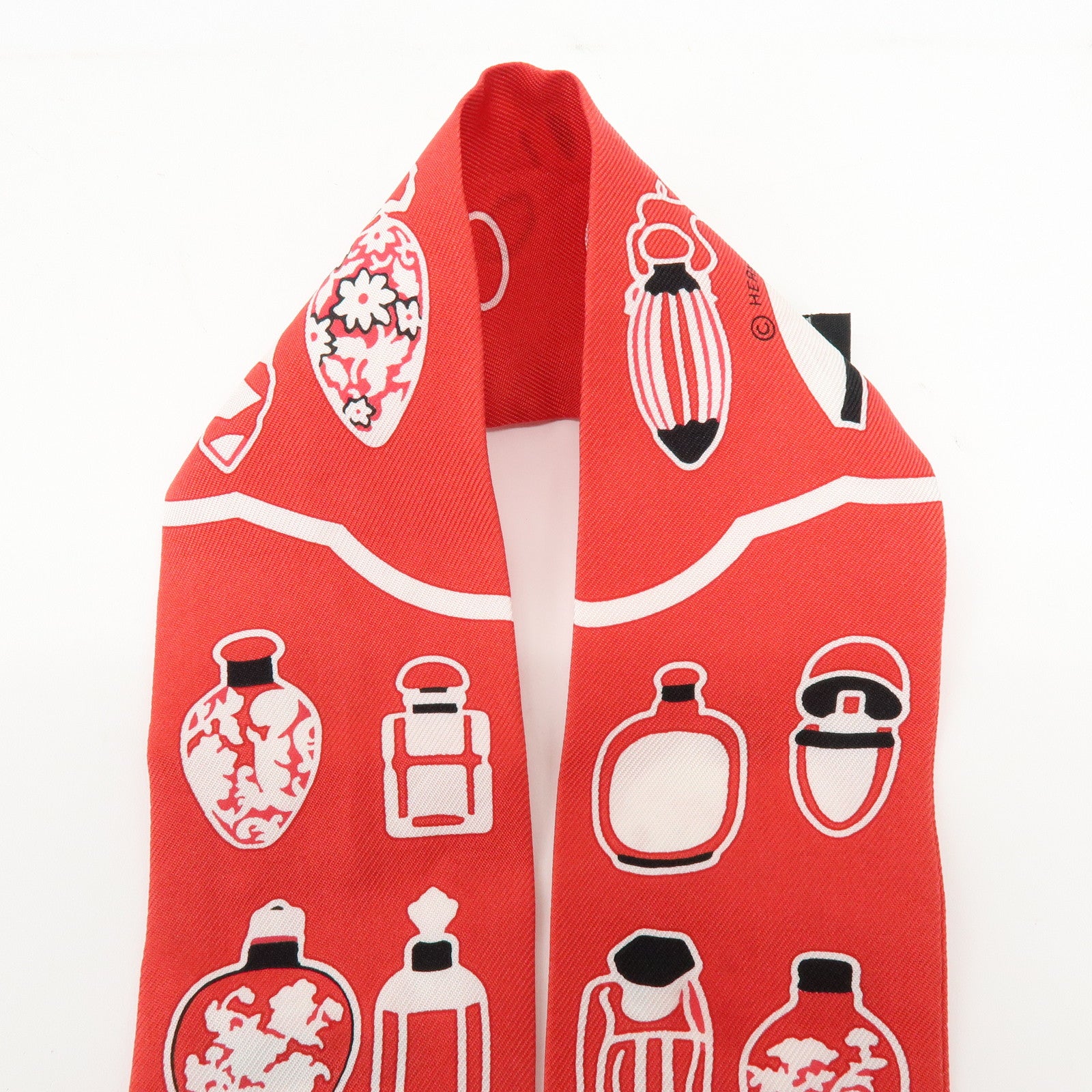 HERMES Twilly Silk 100% Scarf Les Flacons Bandana Red Navy