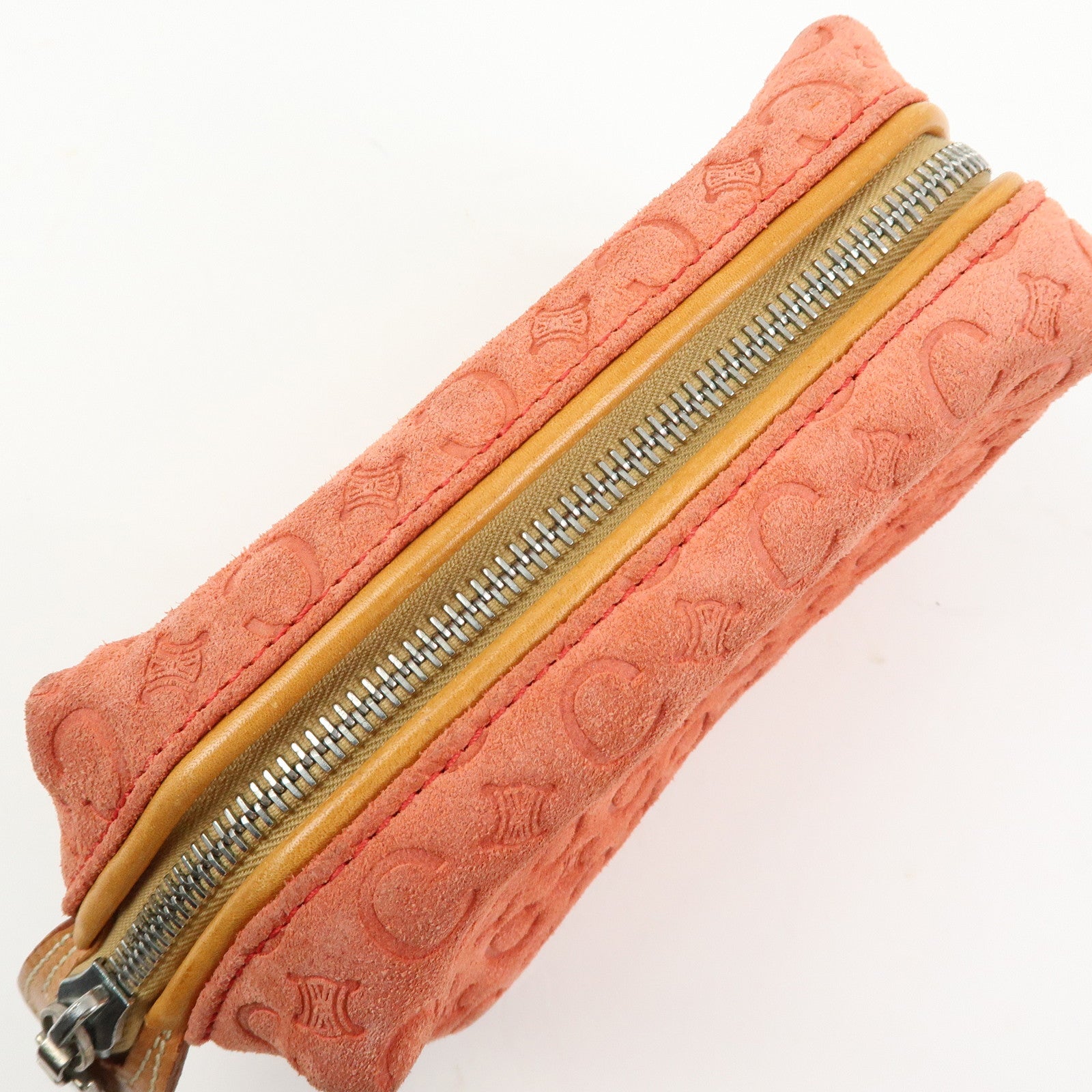 CELINE C Macadam Suede Leather Pouch Cosmetic Case Coral