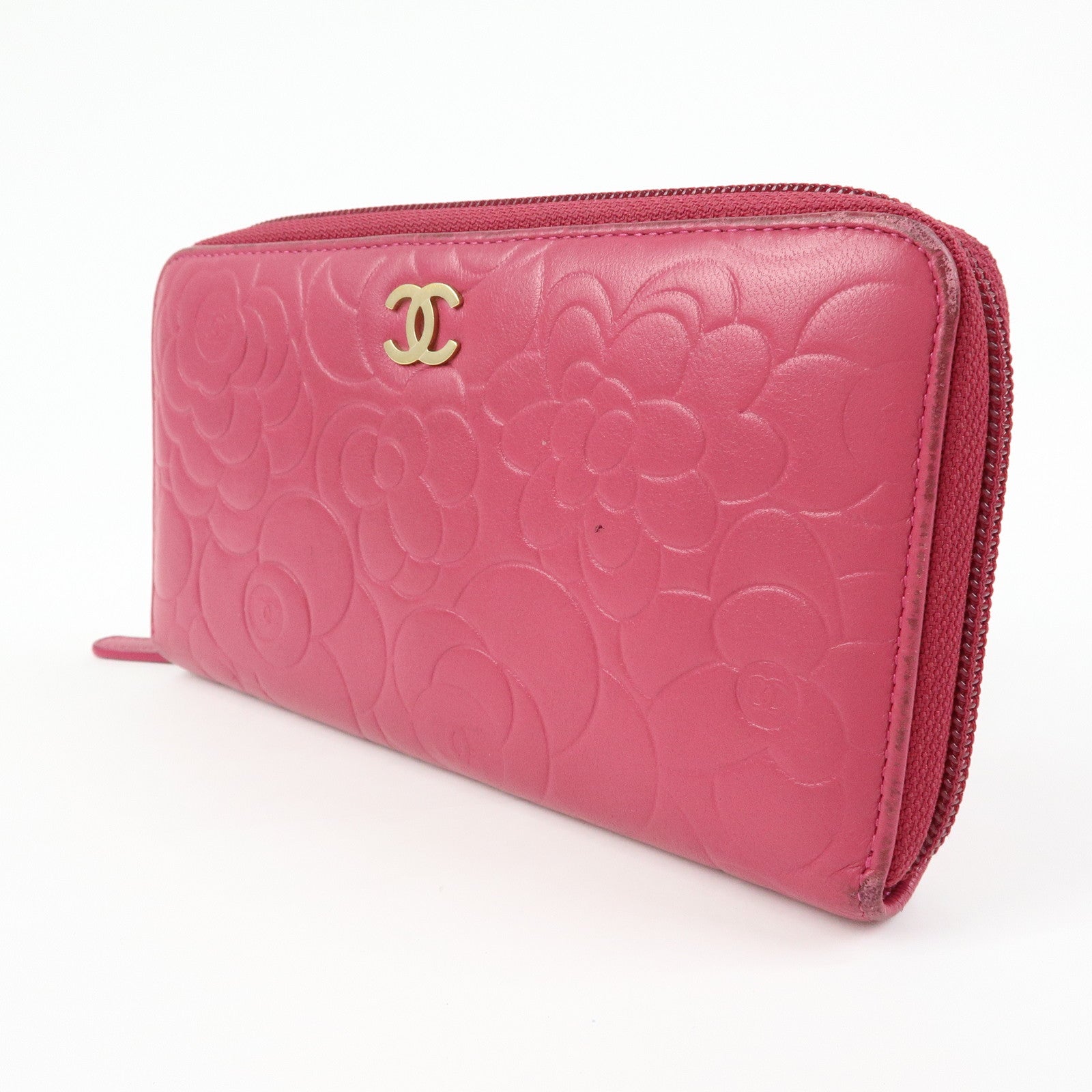 CHANEL Camellia Lamb Skin Round Zippy Wallet Pink A82281