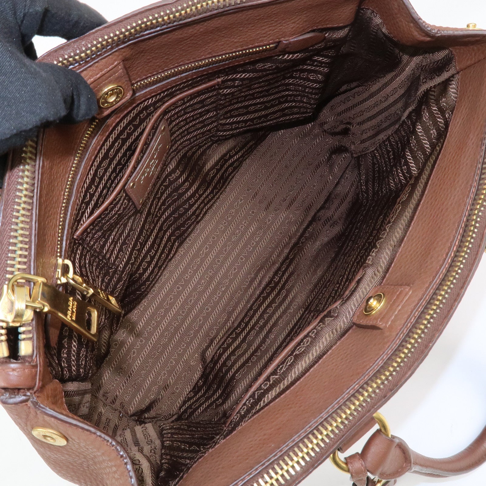 PRADA Logo Leather Hand Bag Tote Bag Brown