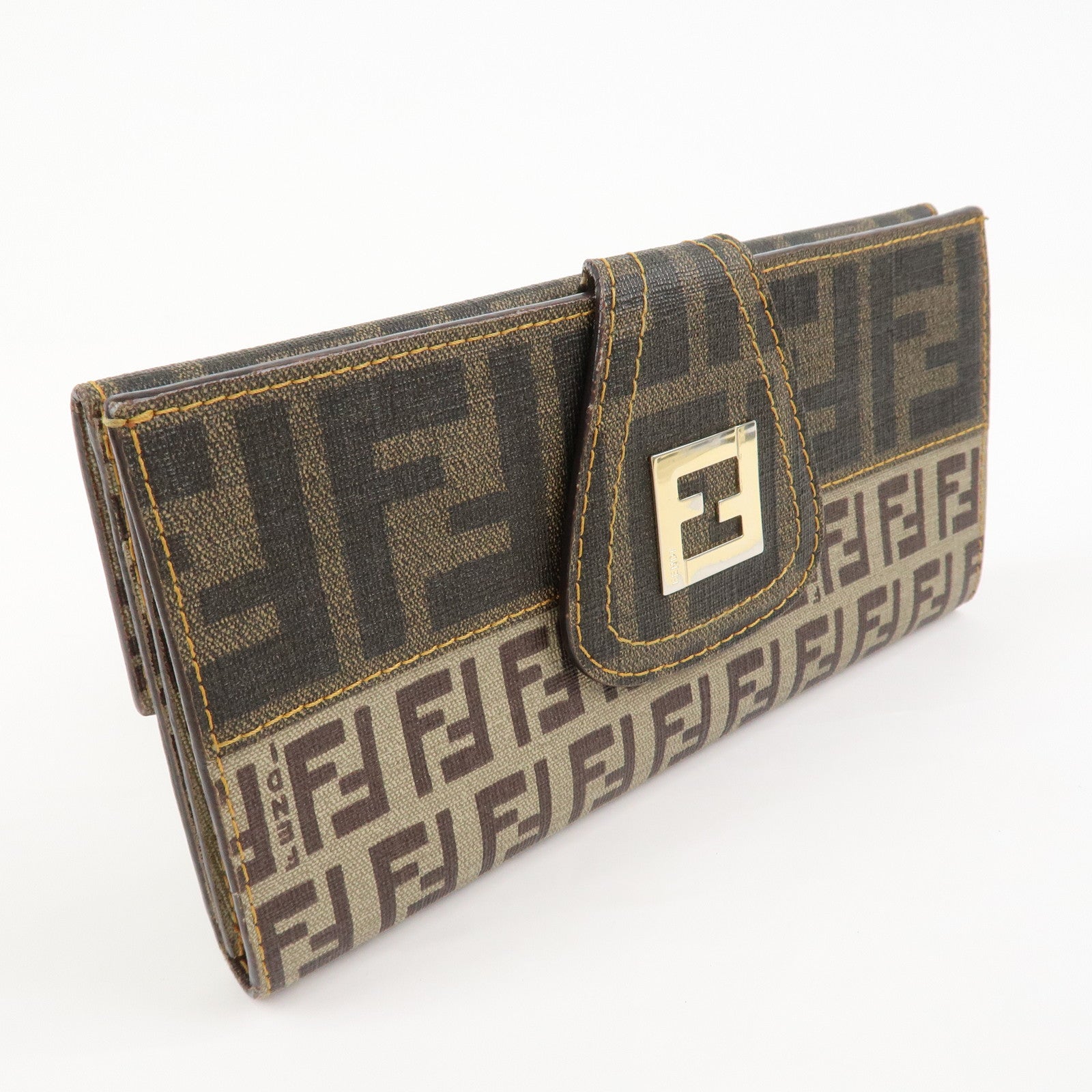 FENDI Zucca Zucchino PVC Leather Brown W Hook Long Wallet 8M00328