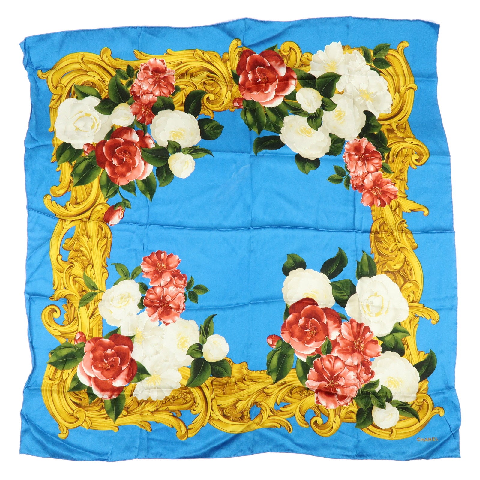 CHANEL Silk 100% Scarf Camellia Flower Motif Blue Gold Red