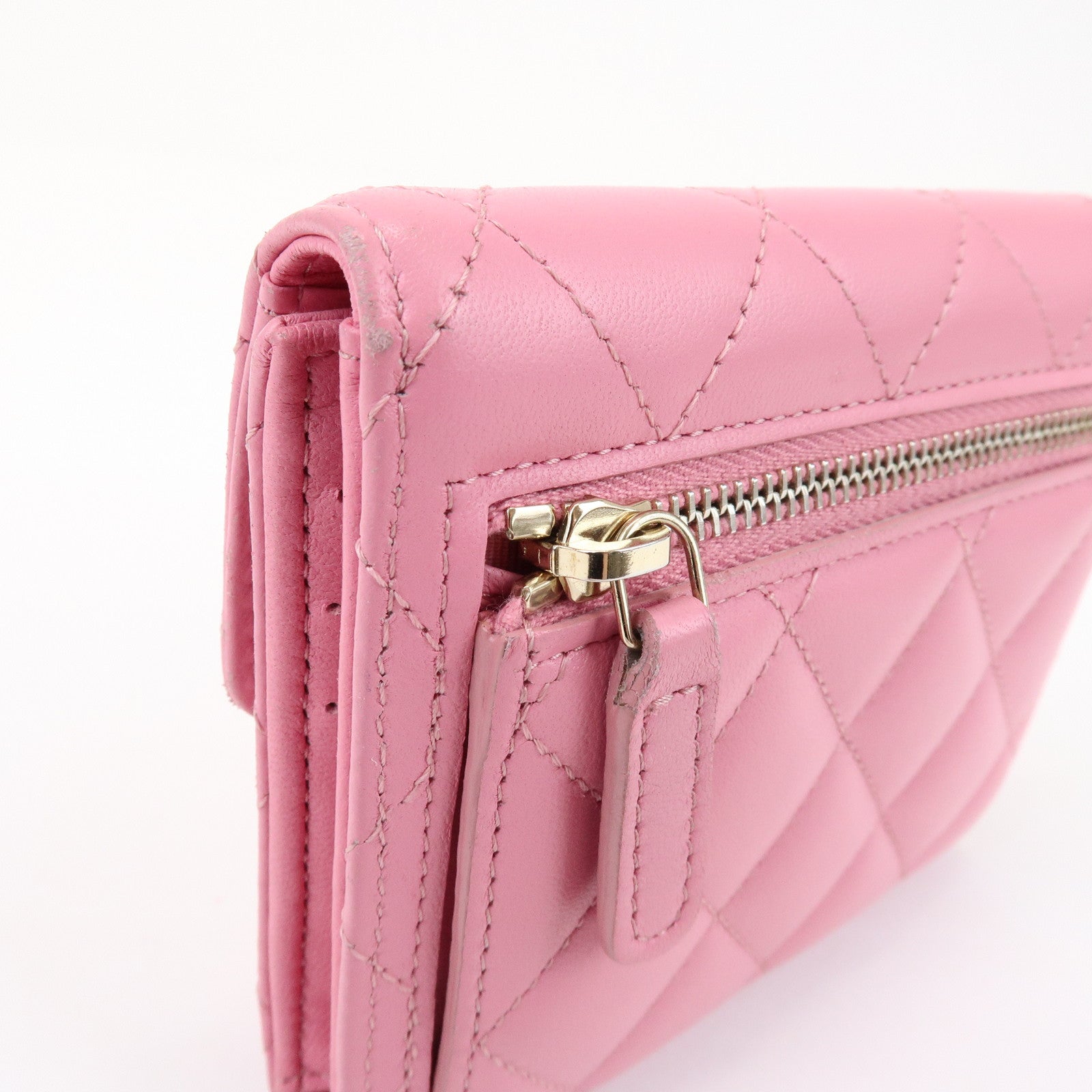 CHANEL Matelasse Lamb Skin Small Tri-Fold Wallet Pink AP0231