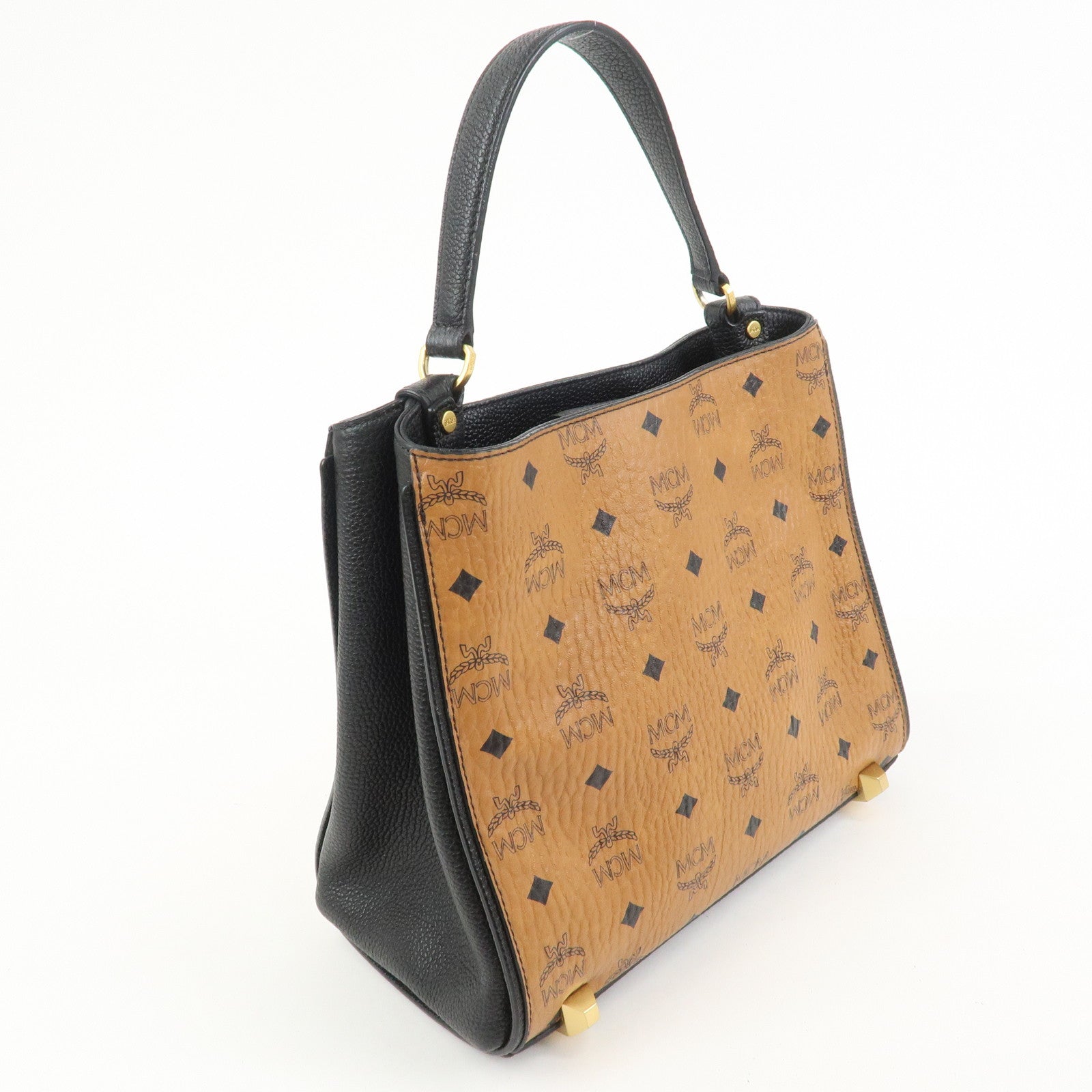 MCM Leather 2Way Bag Hand Bag Shoulder Bag Camel Black