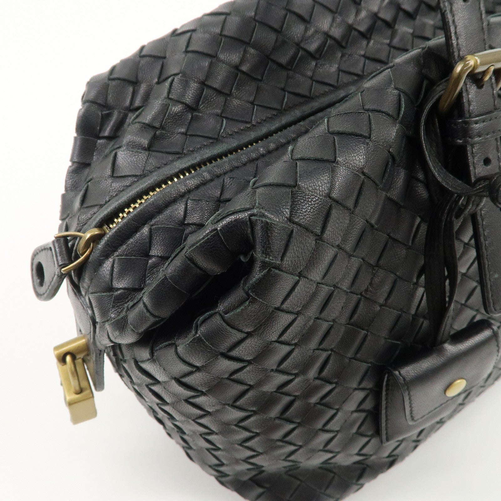 BOTTEGA VENETA Intrecciato Leather Boston Bag Hand Bag Black 173398