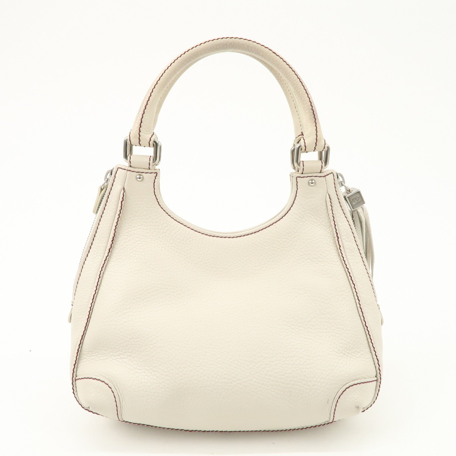 CHANEL Logo Calf Leather Fringe Tassel Shoulder Bag Hand Bag White A23055 Used