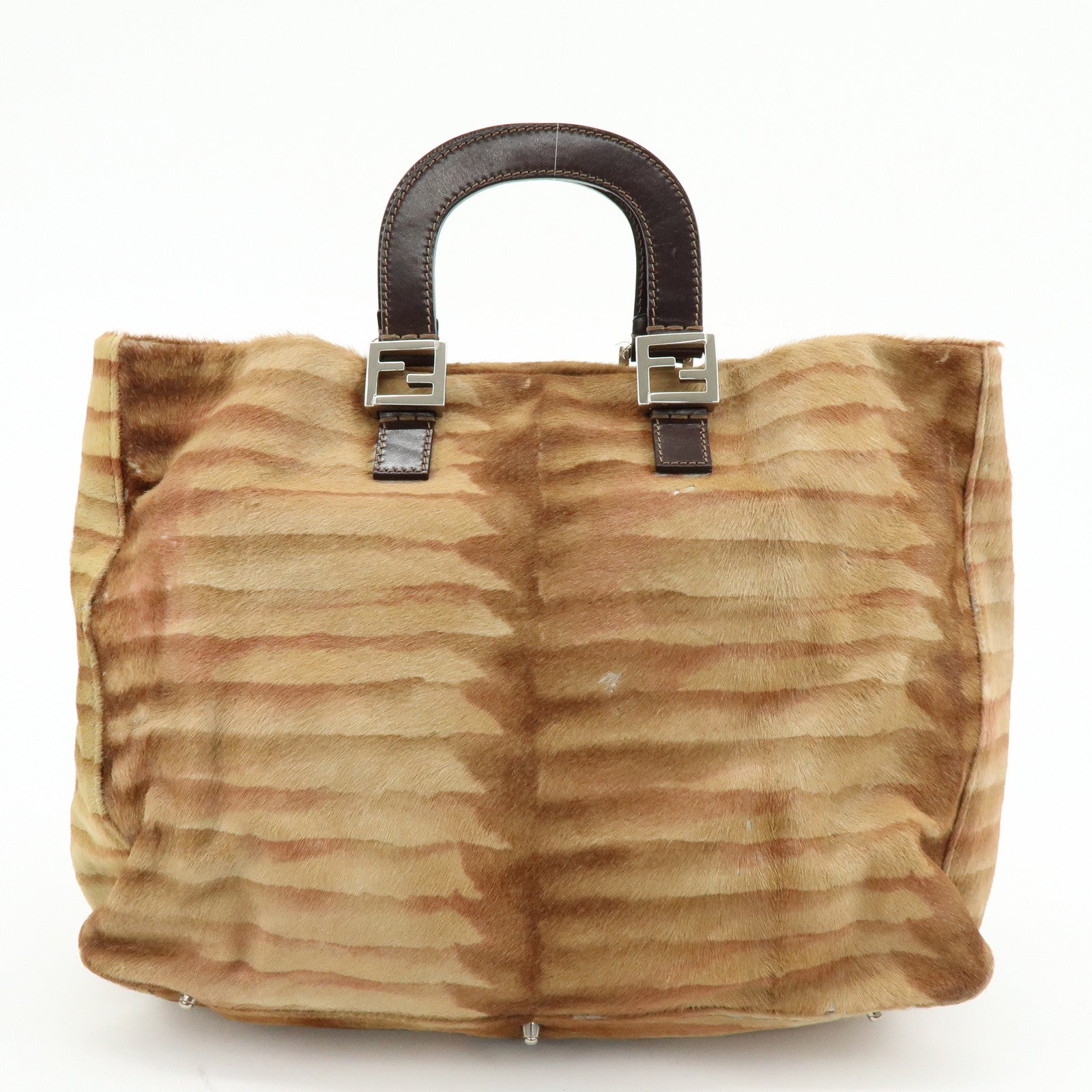 FENDI Calf Hair Leather Animal Pattern Tote Bag Hand Bag Brown