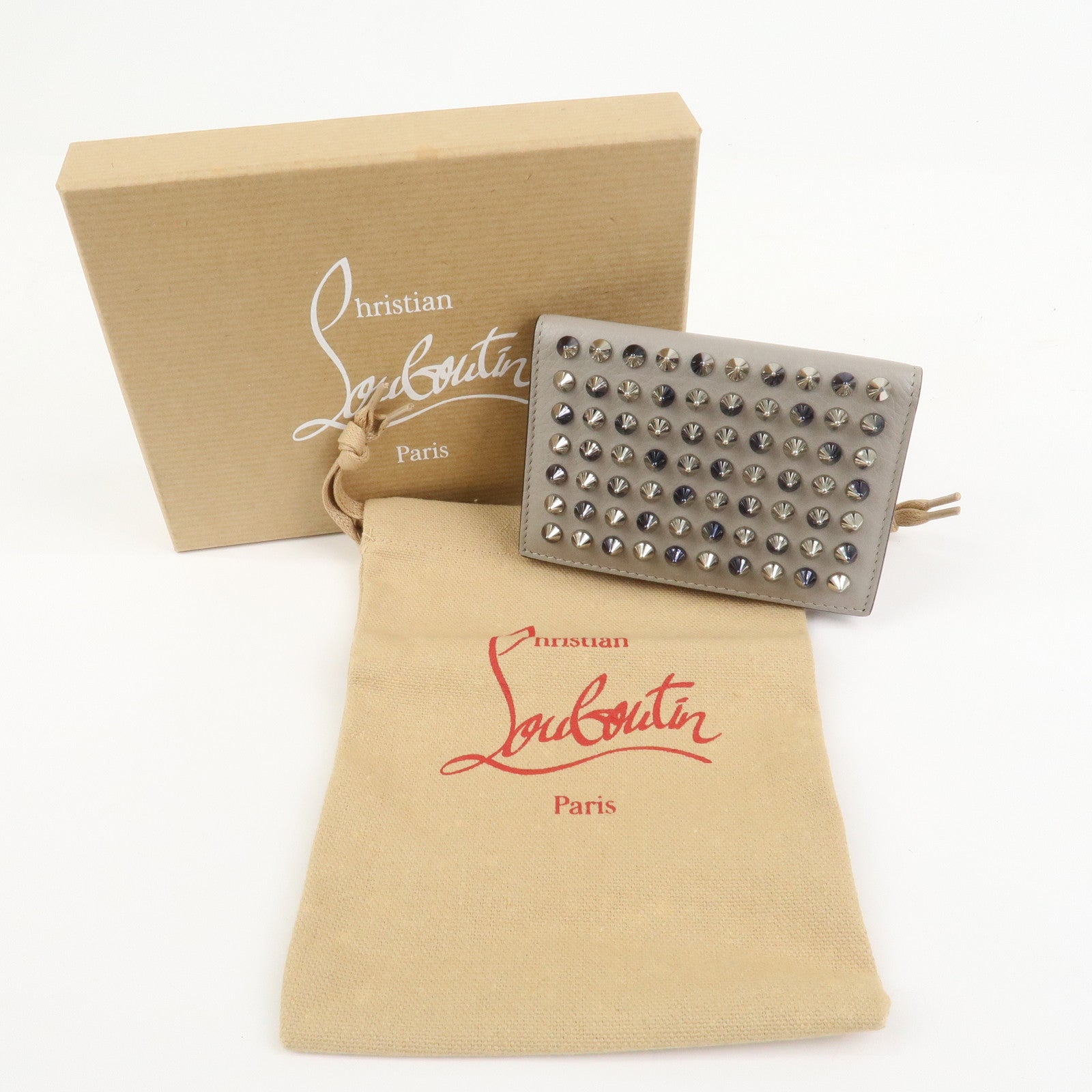 Christian Louboutin Leather Card Case Card Holder Studs Gray