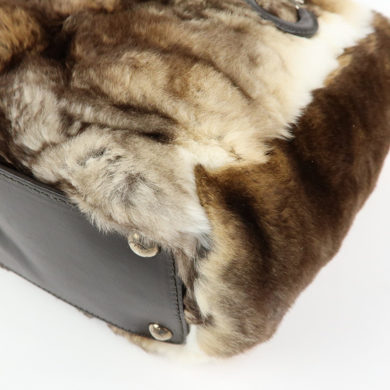 Ferragamo Gancini Rabbit Fur Leather Hand Bag Tote Bag Brown