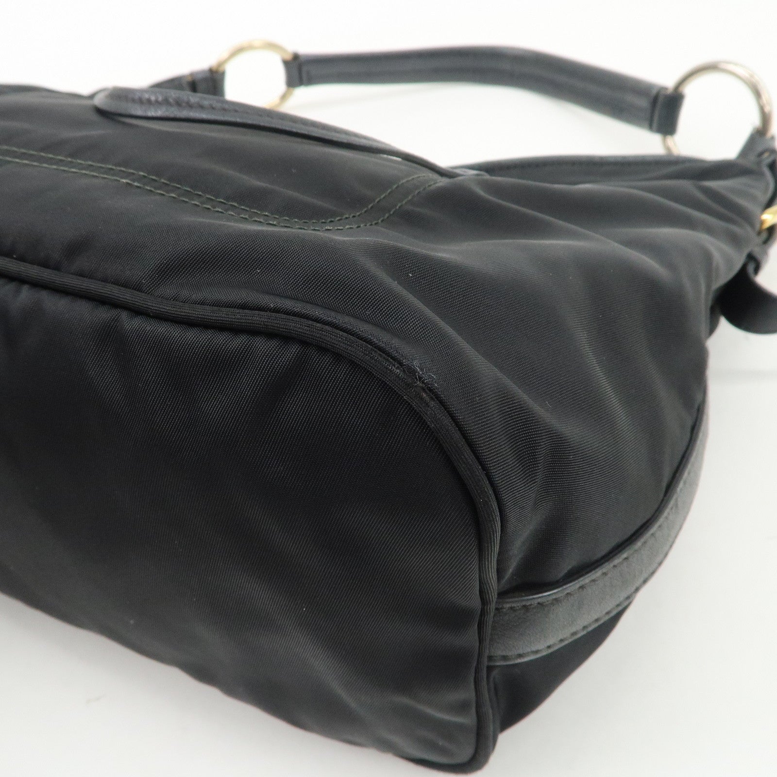 PRADA Triangle Logo Leather Nylon Shoulder Bag Black