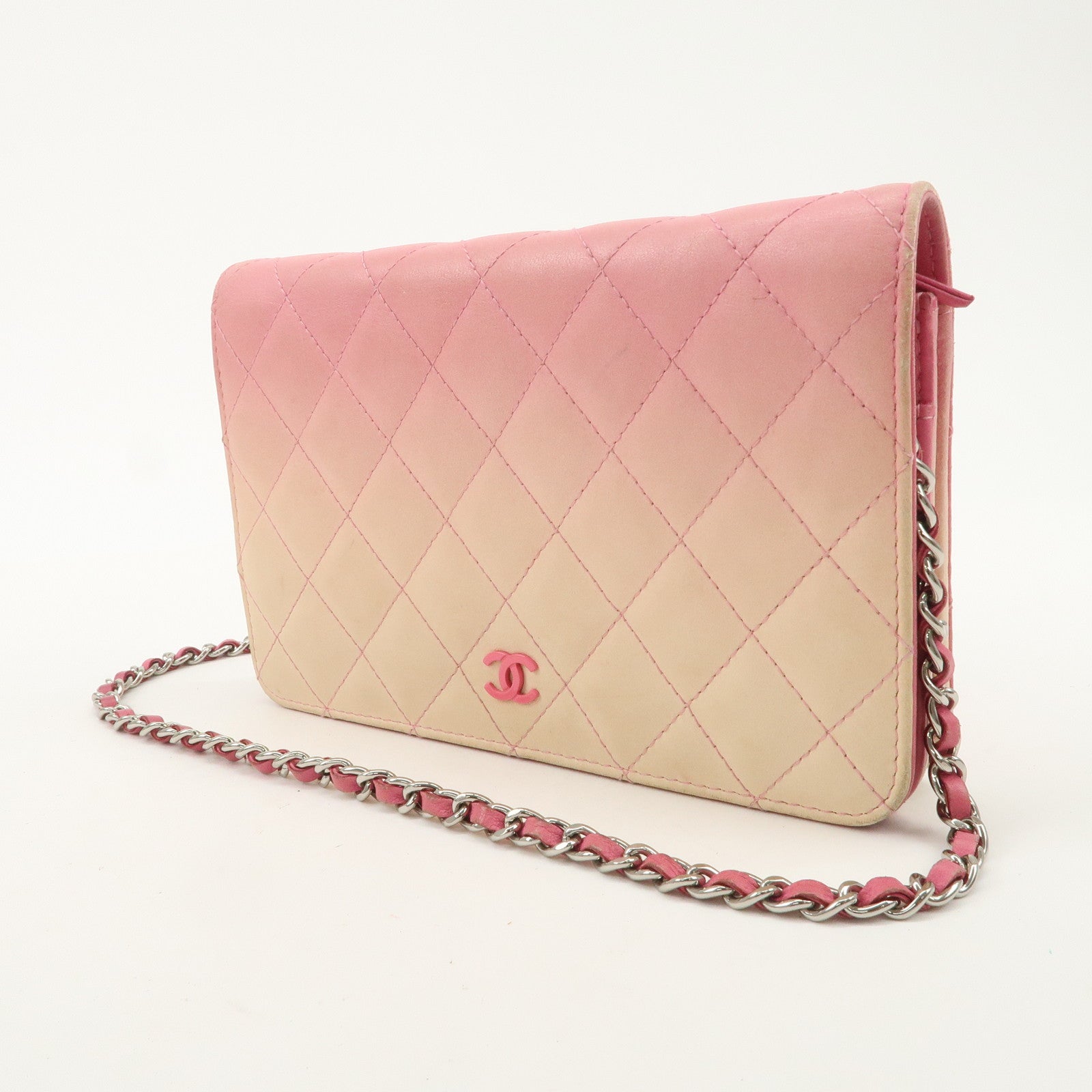 CHANEL Matelasse Leather COCO Mark Chain Shoulder Bag Pink Used