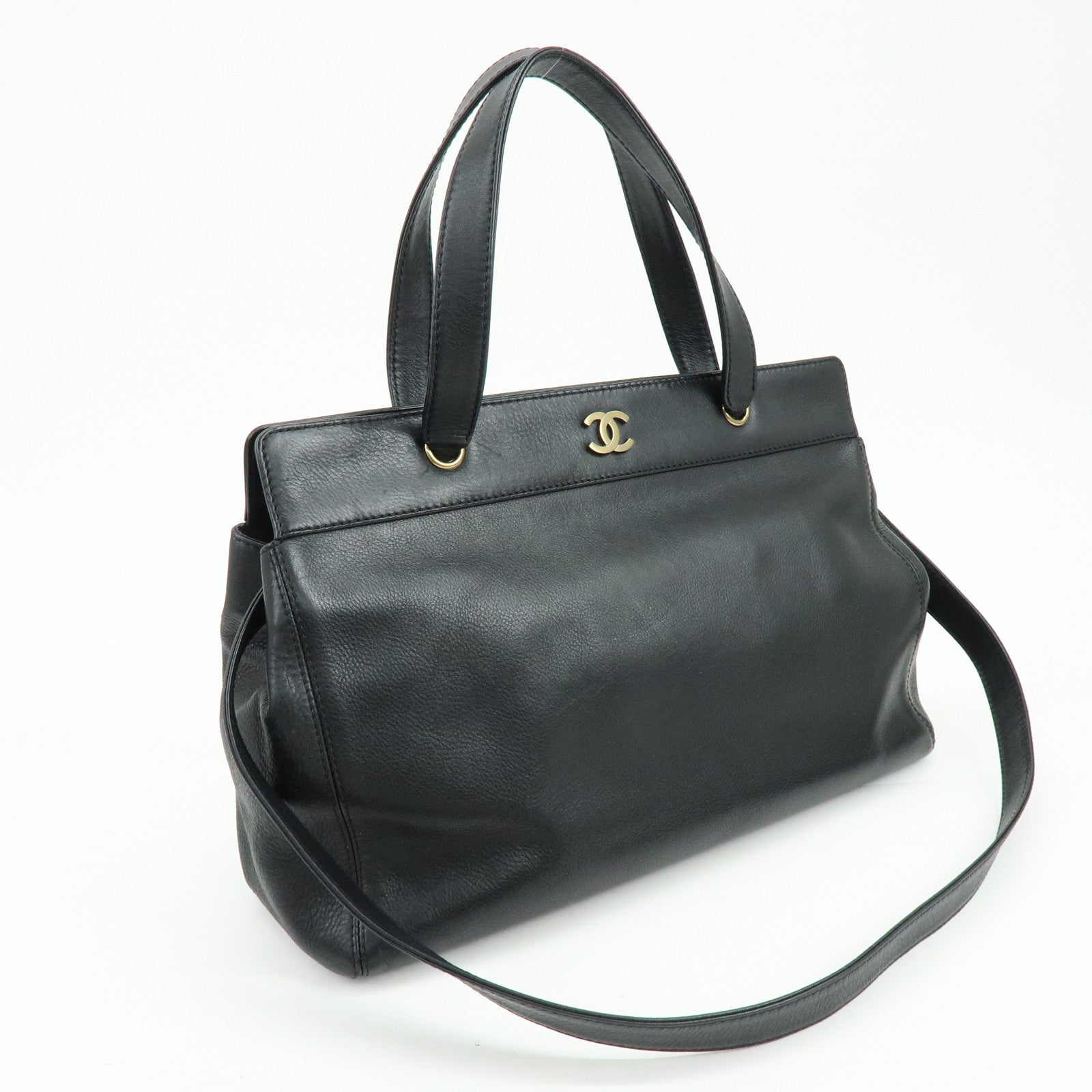 CHANEL Calf Leather 2Way Bag Shoulder Bag Tote Bag Black Gold