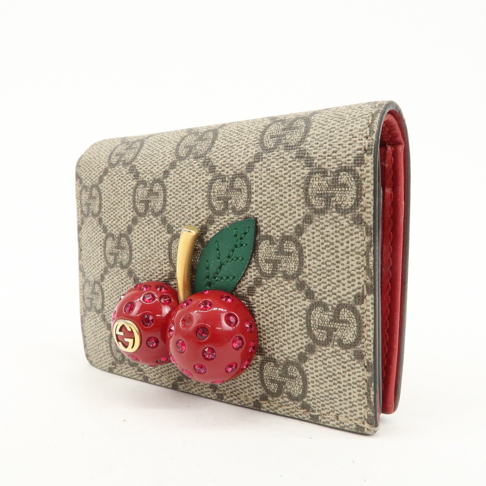 GUCCI Interlocking G GG Supreme Cherry Compact Wallet Beige Red 476050 Used