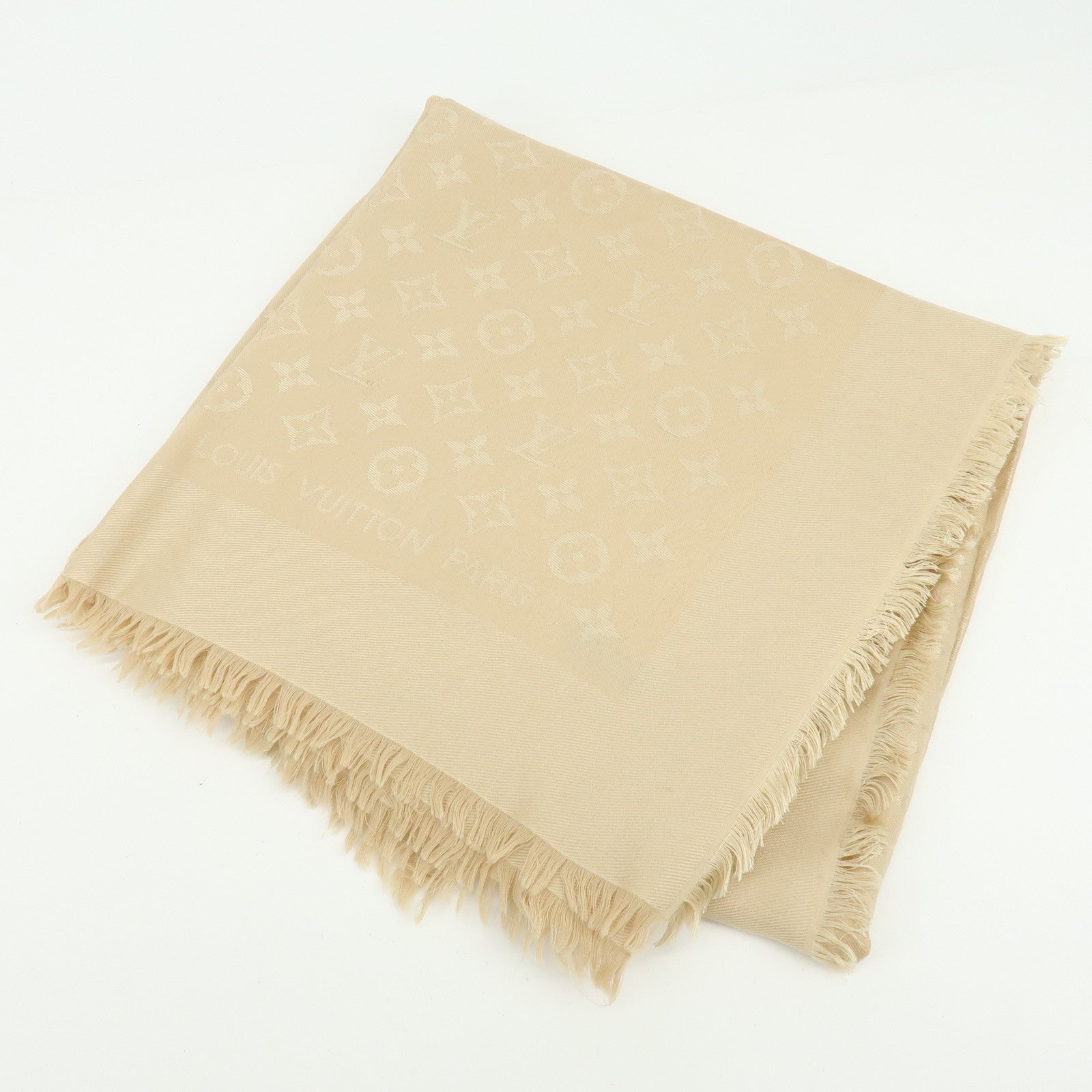 Louis Vuitton Monogram Shine Silk Wool Scarf Shawl Beige