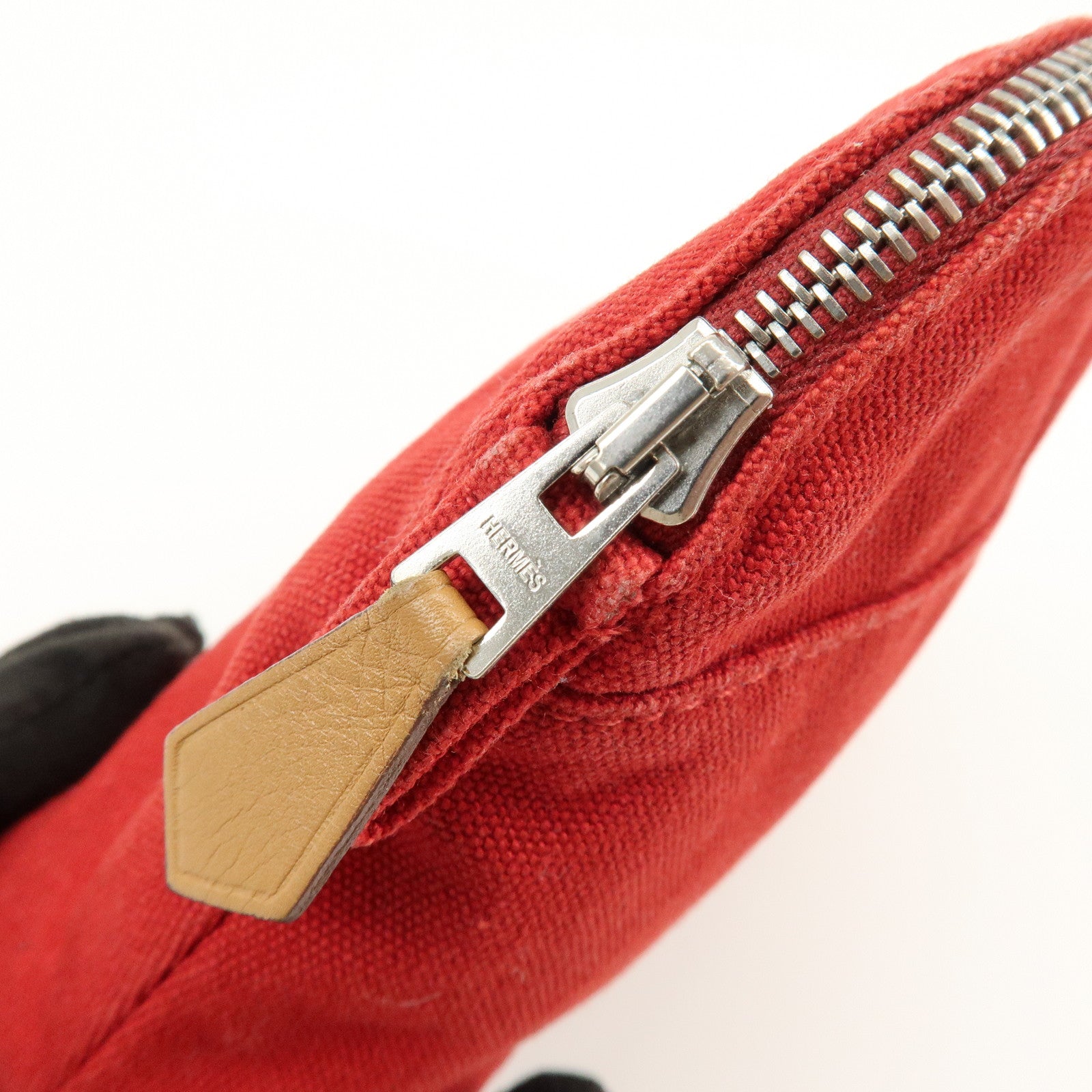 HERMES Bolide Mini Cotton Leather Pouch Cosmetic Case Red Beige