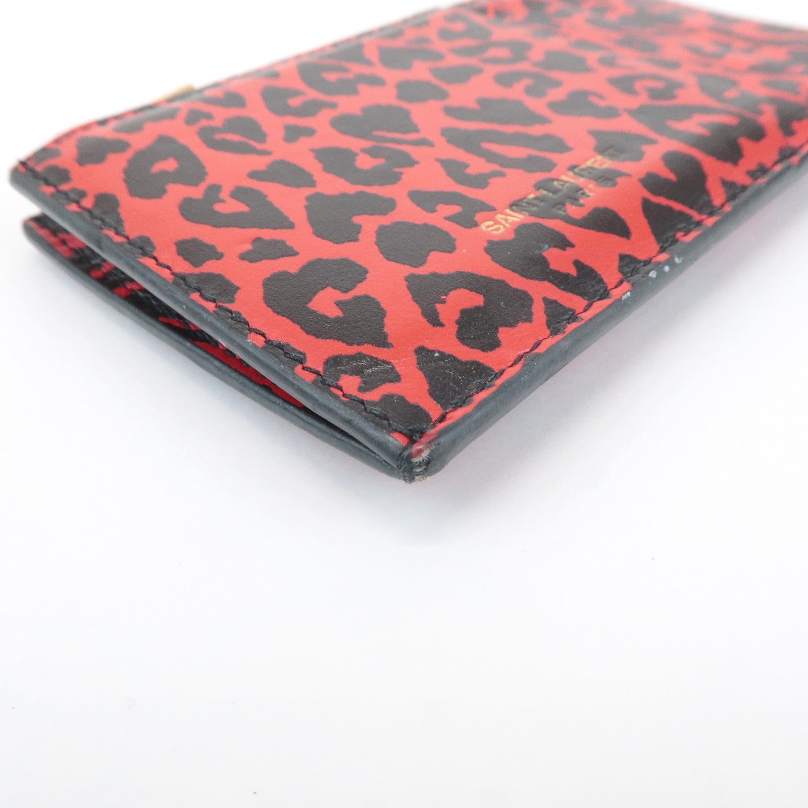 Saint Lauren Leather Animal Leopard Coin Case Card Case Black Red Used