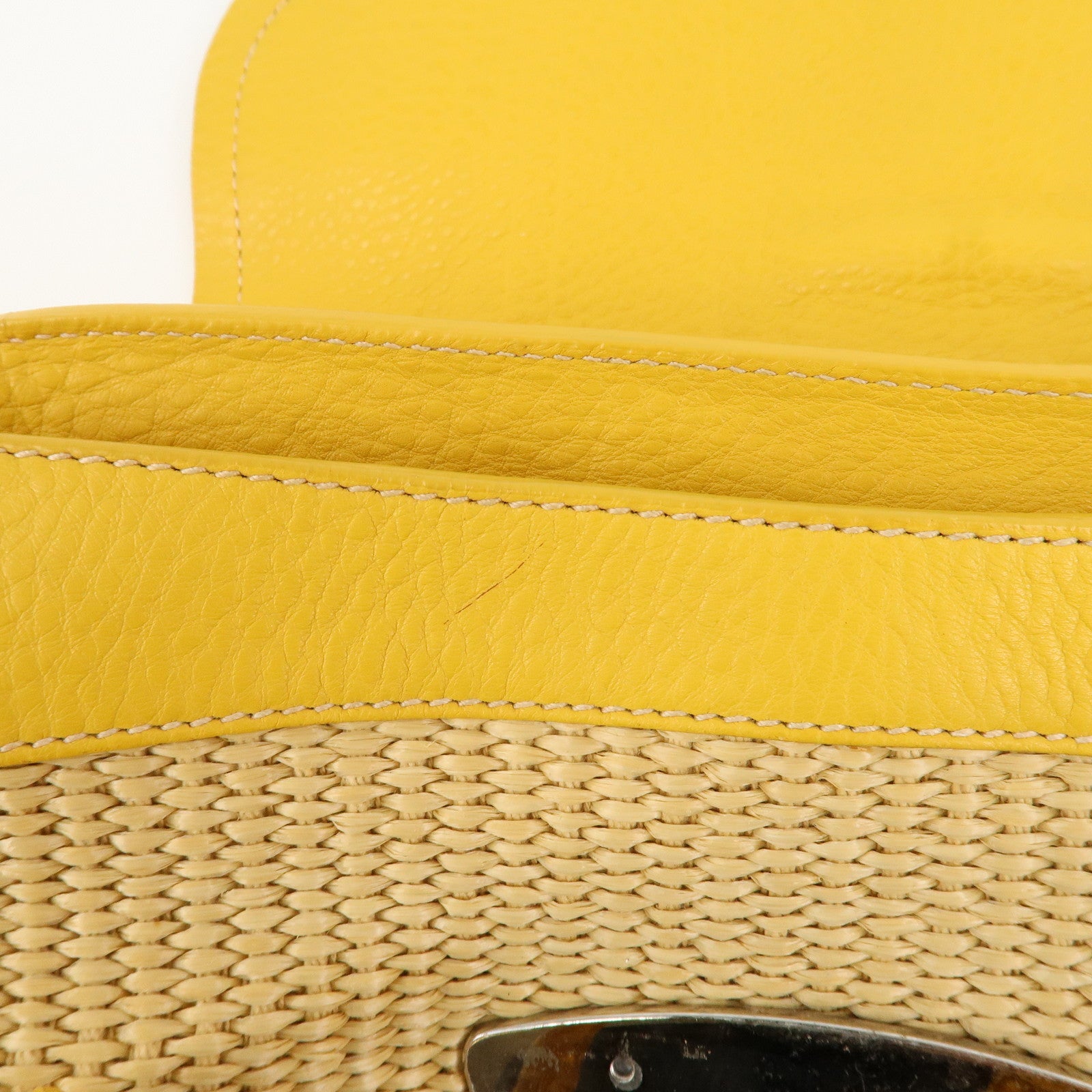PRADA Triangle Logo Leather Raffia Tote Bag Beige Yellow Used