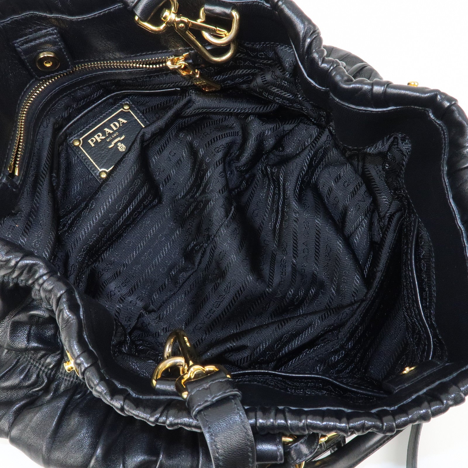 PRADA Leather Gathered 2Way Shoulder Bag Hand Bag Black BN1789