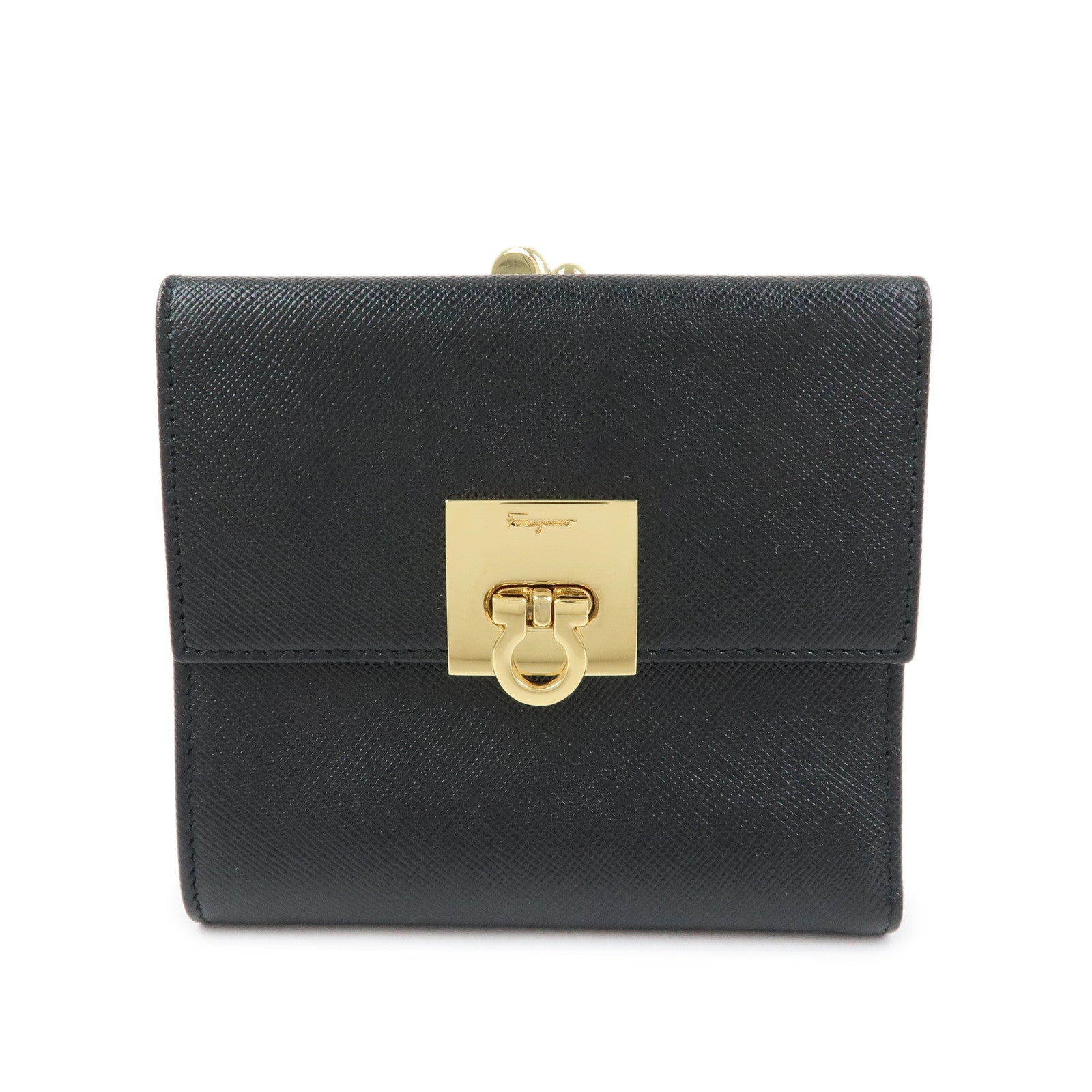 Ferragamo Gancini Leather Bi-Fold Compact Wallet Black