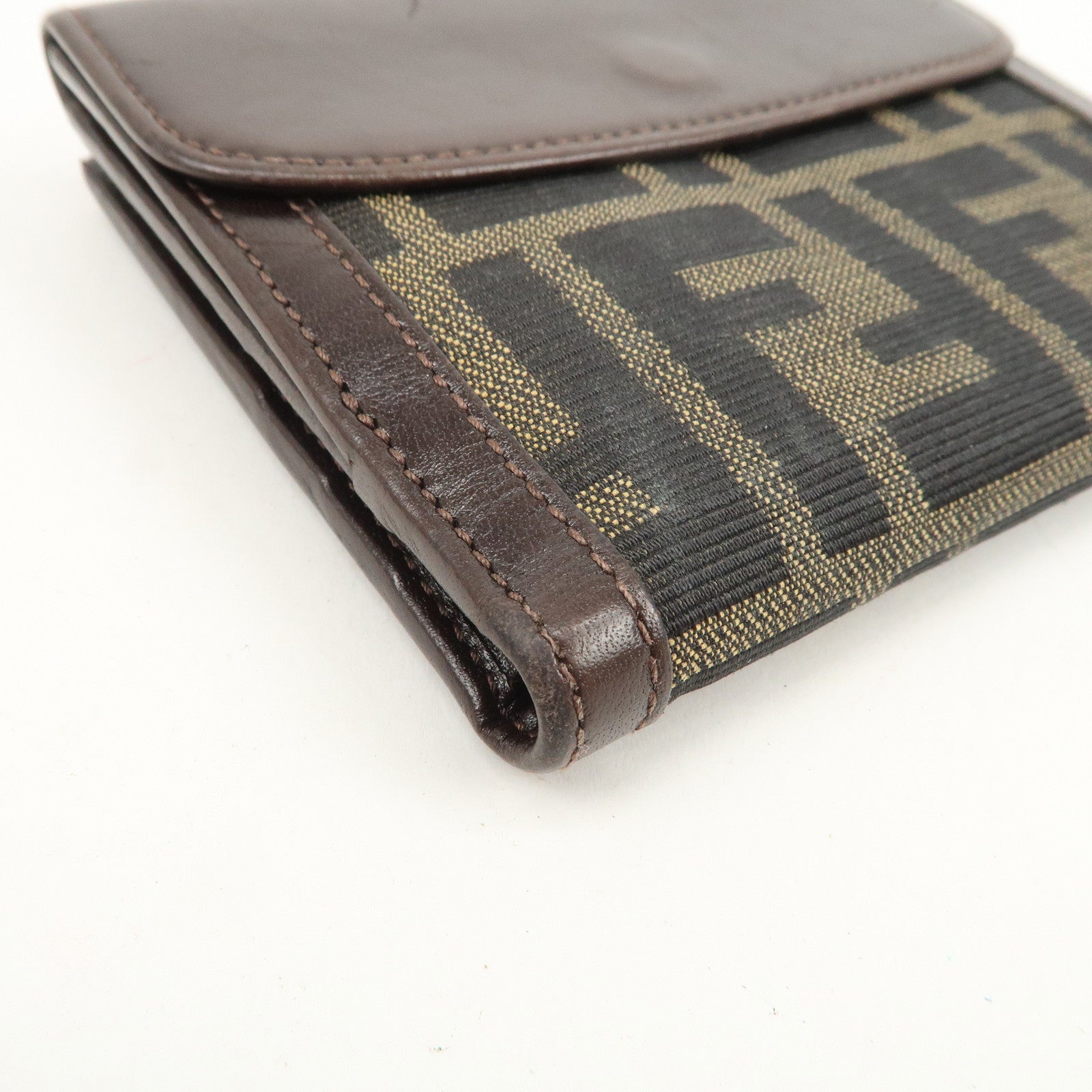 FENDI Zucca Logo Canvas Leather Compact Wallet Brown 12671