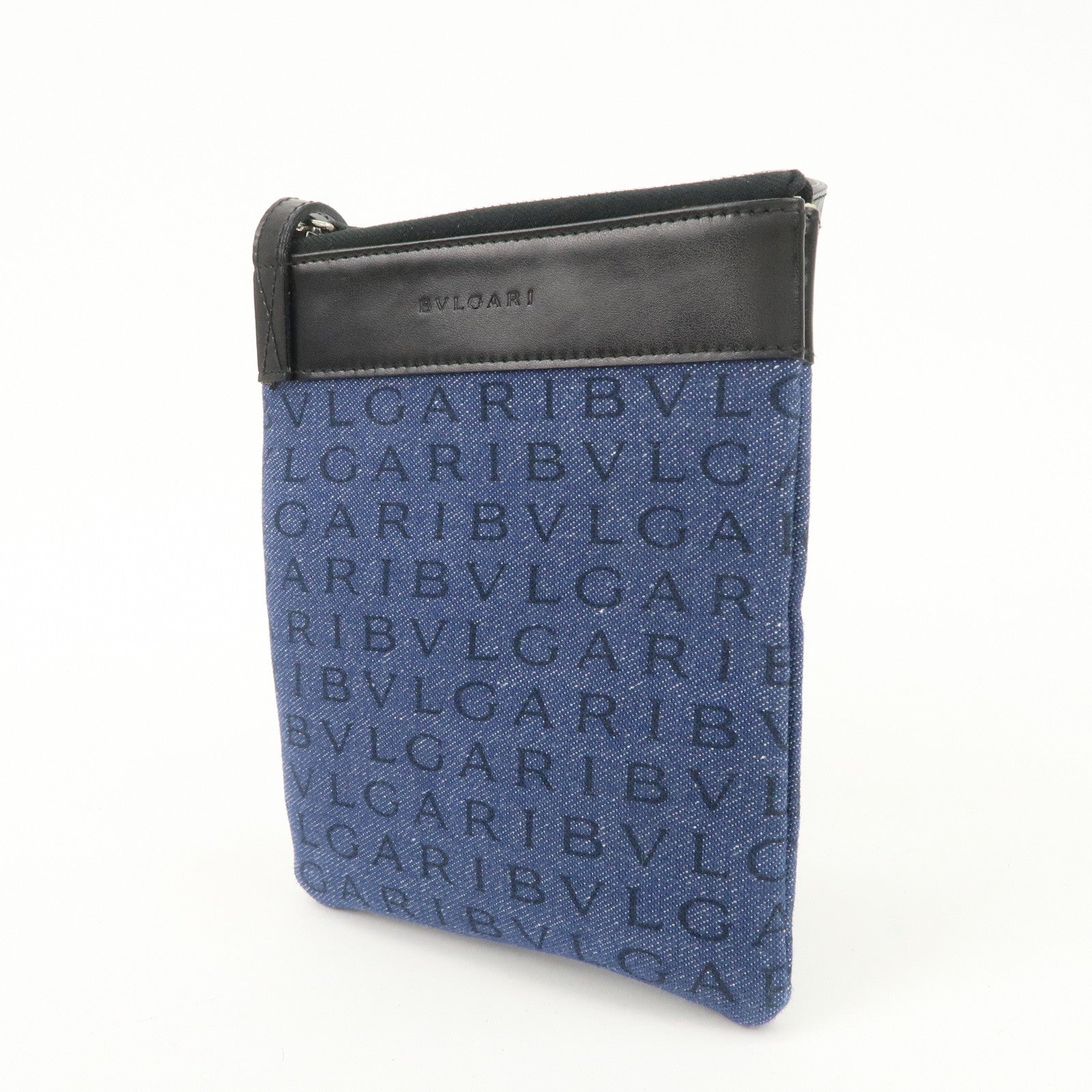 BVLGARI Logo Mania Denim Leather Shoulder Bag Crossbody Bag Blue