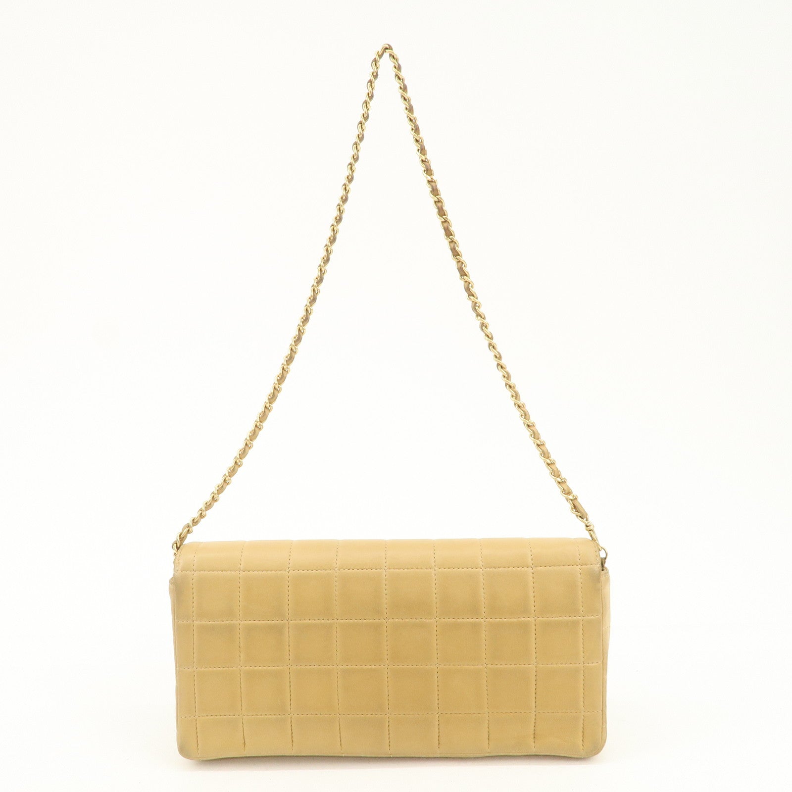 CHANEL Chocolate Bar Lamb Skin Chain Shoulder Bag Beige Gold Used