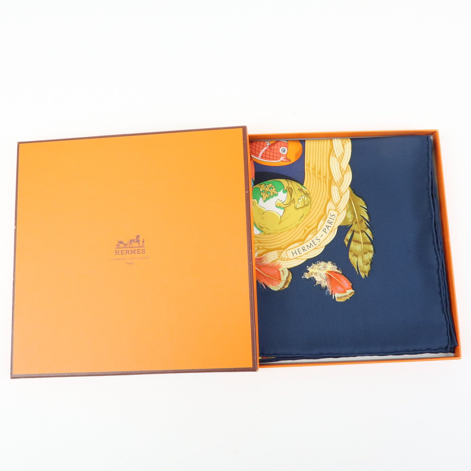 HERMES Carre 90 Silk 100% Scarf COUVEE D HERMES Egg Print Navy Gold