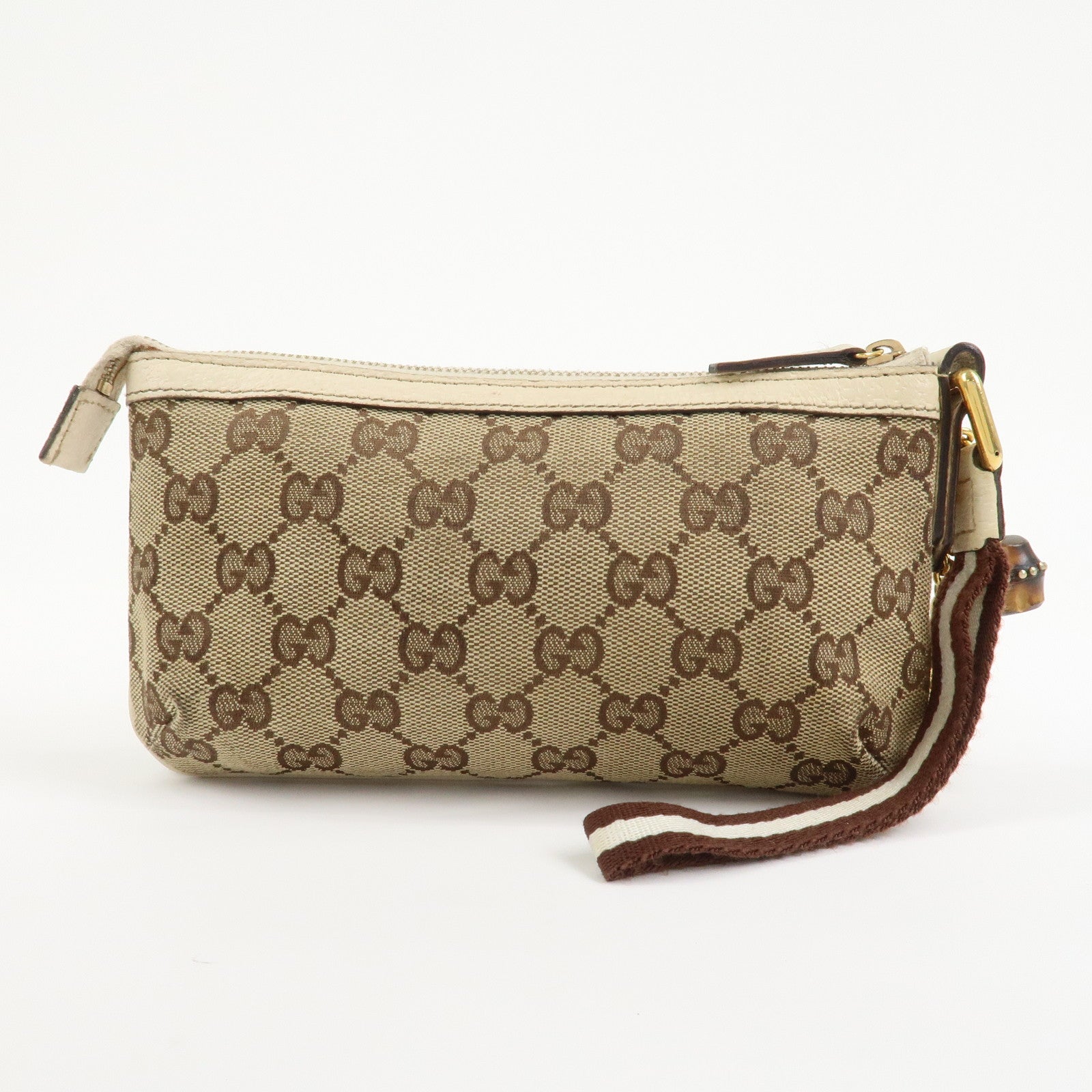 GUCCI Bamboo GG Canvas Leather Cosmetic Pouch Clutch Beige 159913
