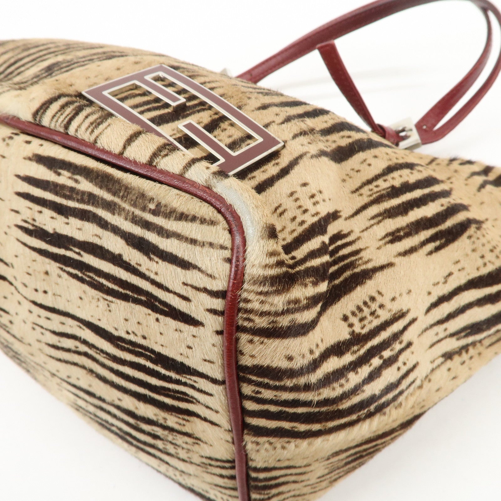 FENDI Calf Hair Leather Tote Bag Hand Bag Beige Red 26634