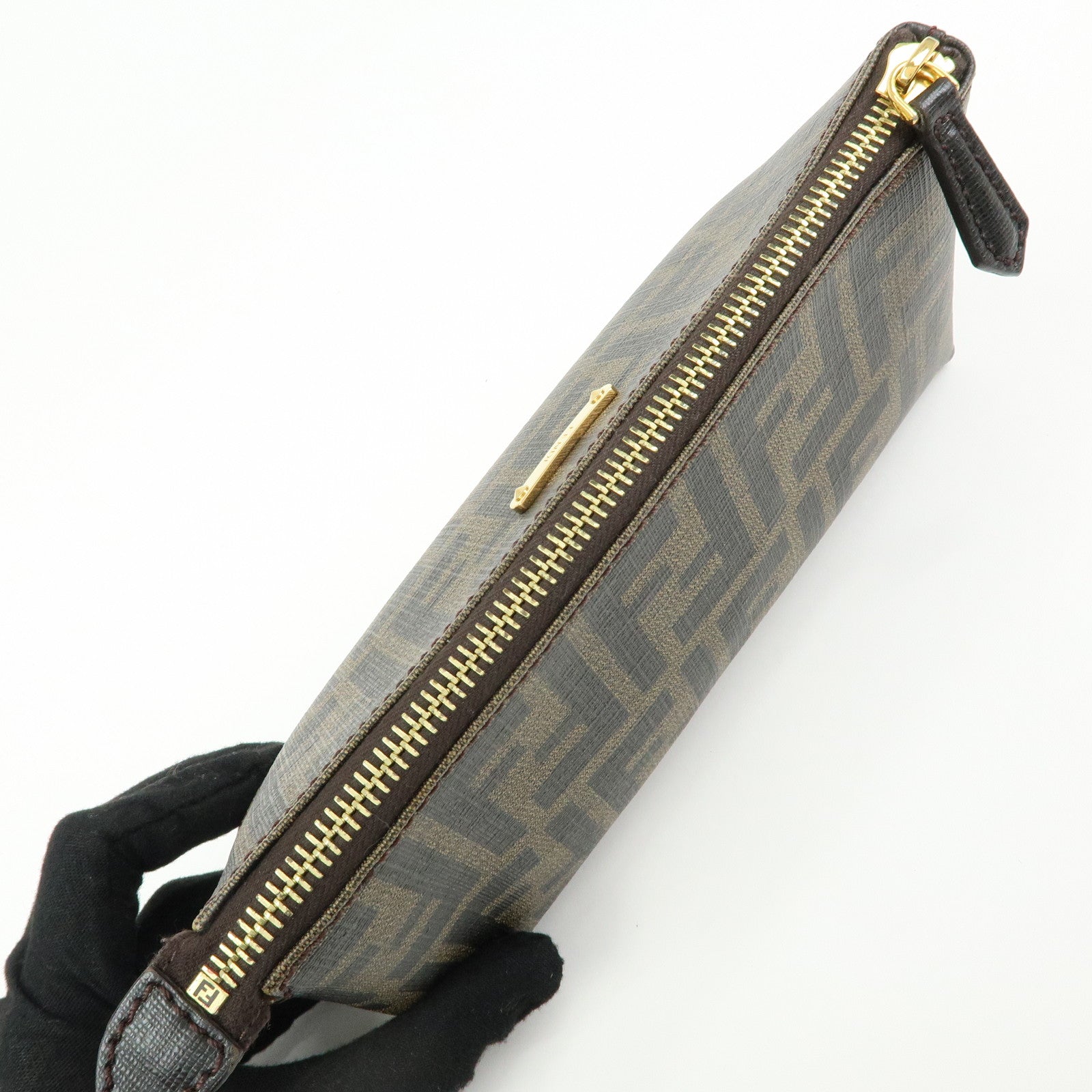 FENDI Zucca PVC Leather Cosmetic Pouch Brown Black 7N0074