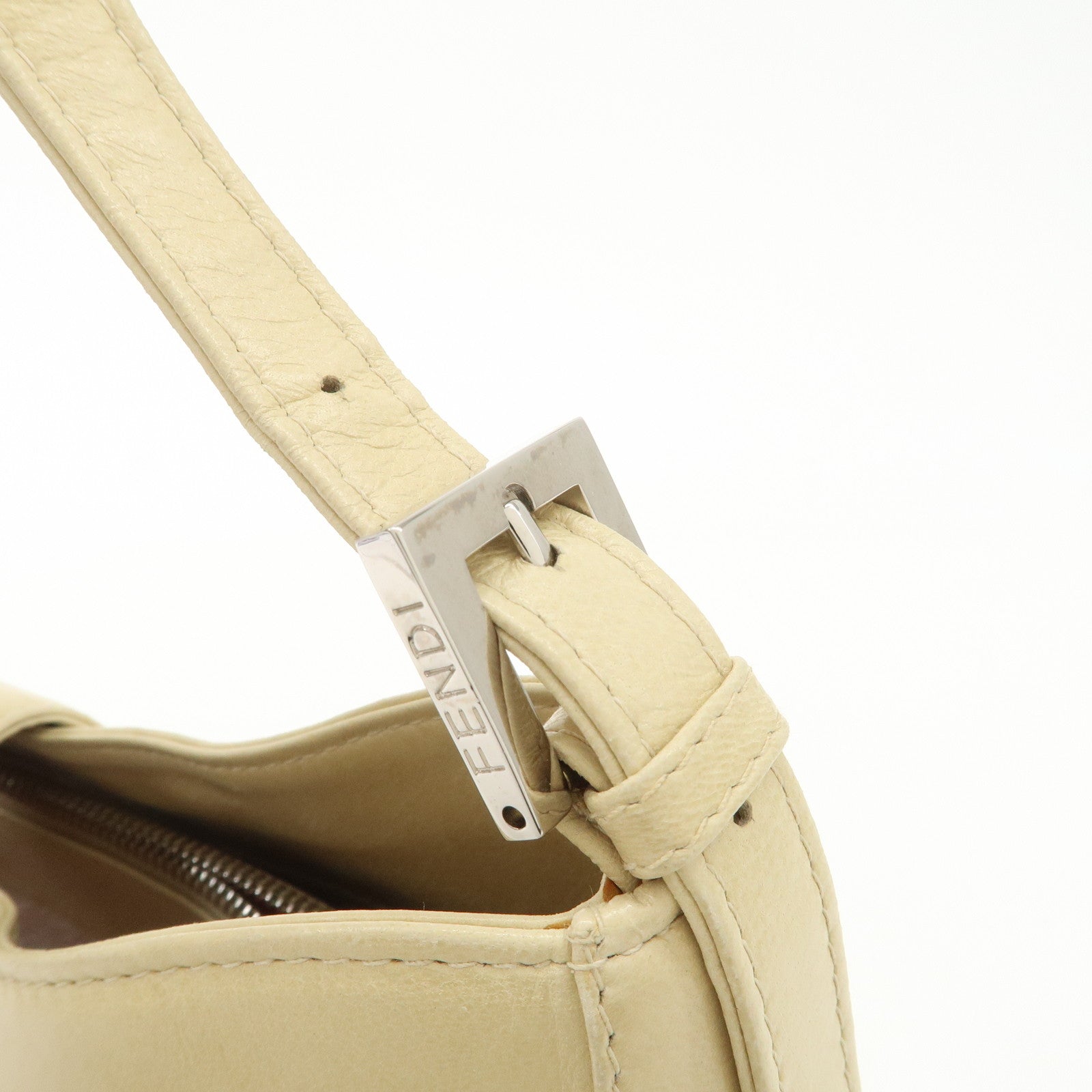 FENDI Logo Leather Shoulder Bag Hand Bag Beige Silver Hardware