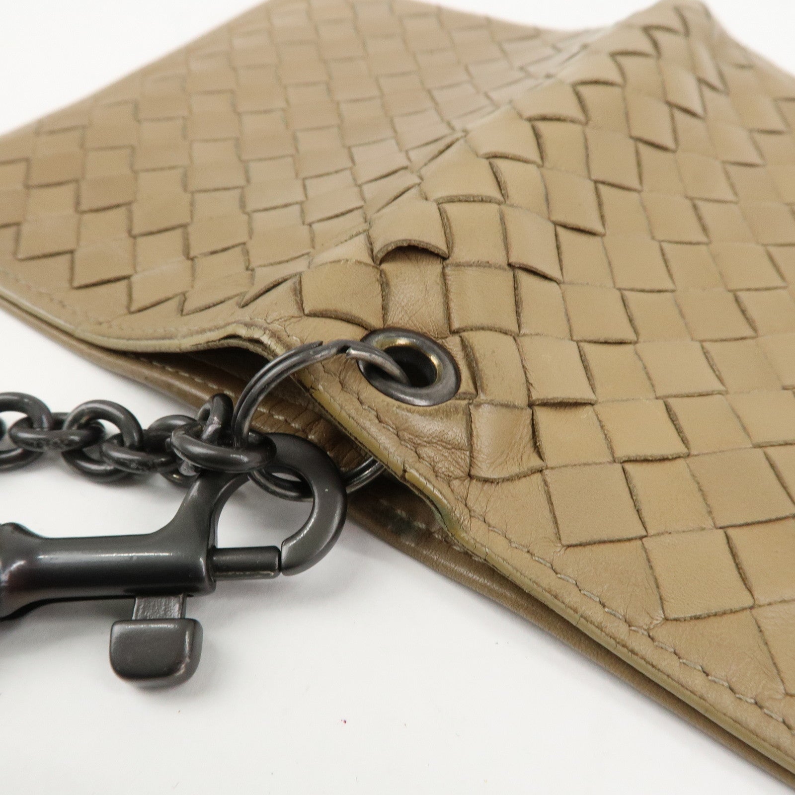 BOTTEGA VENETA Intrecciato Leather Chain Wallet Mini Wallet Beige Used