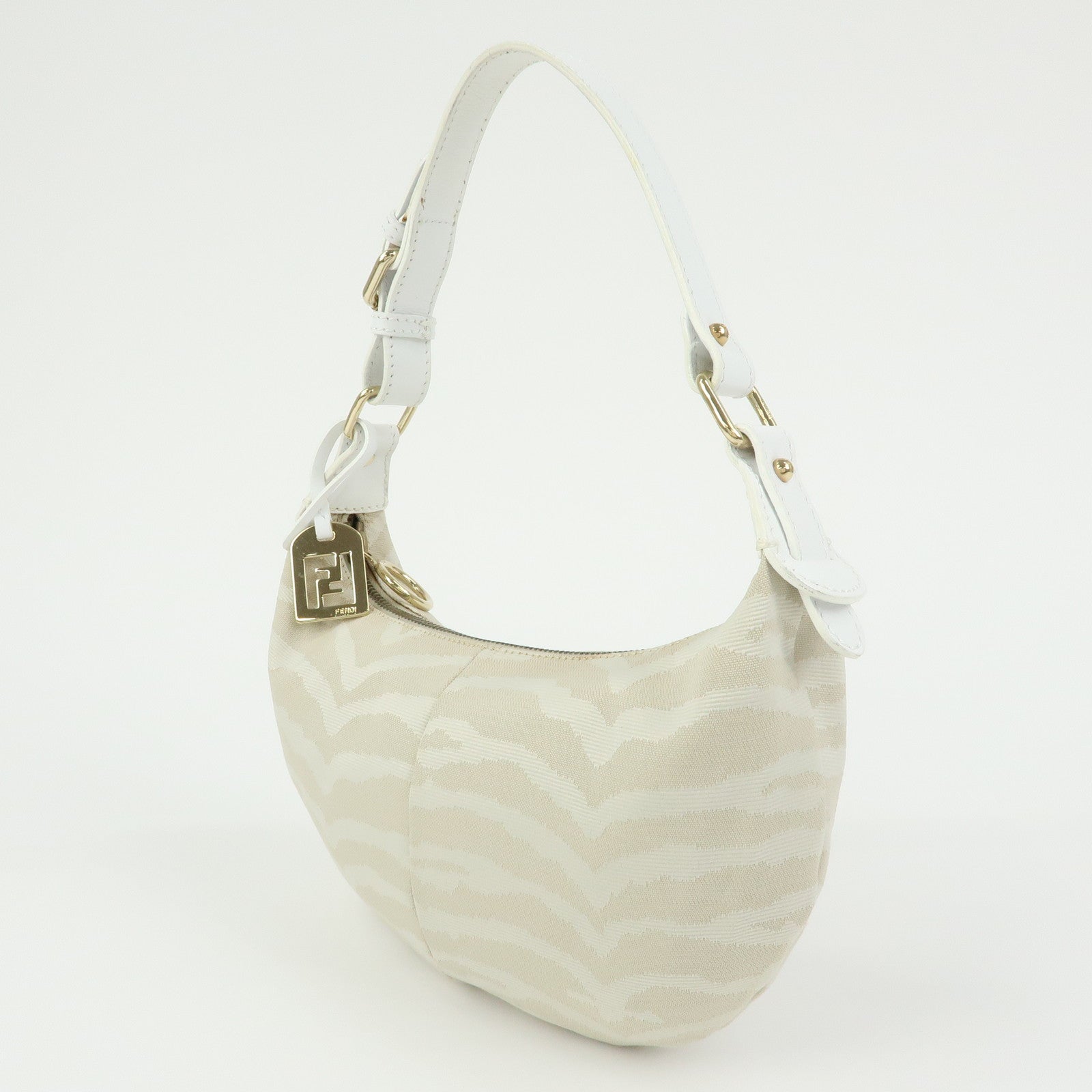 FENDI Canvas Leather Hand Bag Shoulder Bag Light Beige White 8BR391