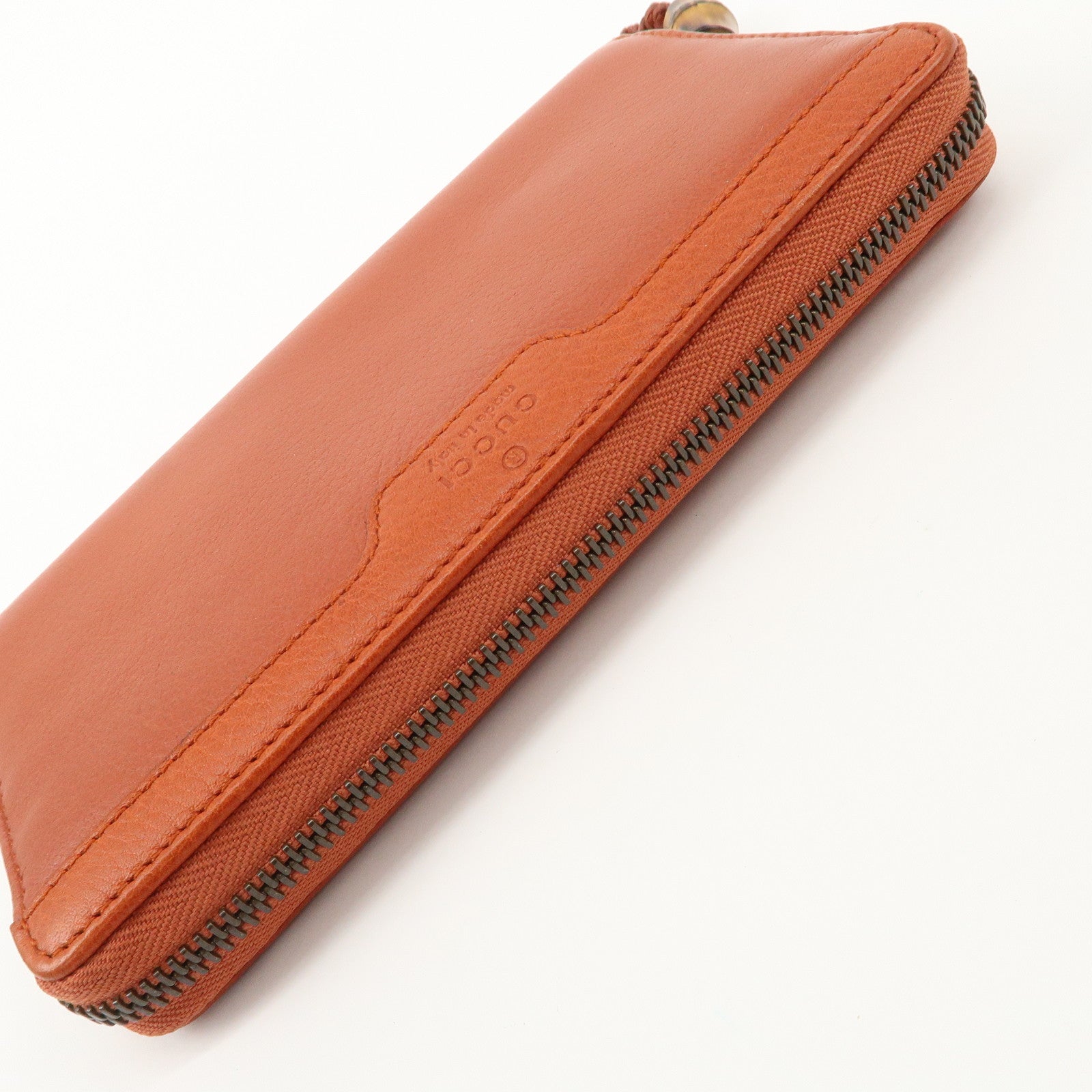 GUCCI Bamboo Leather Long Round Zippy Wallet Orange 339178 Used