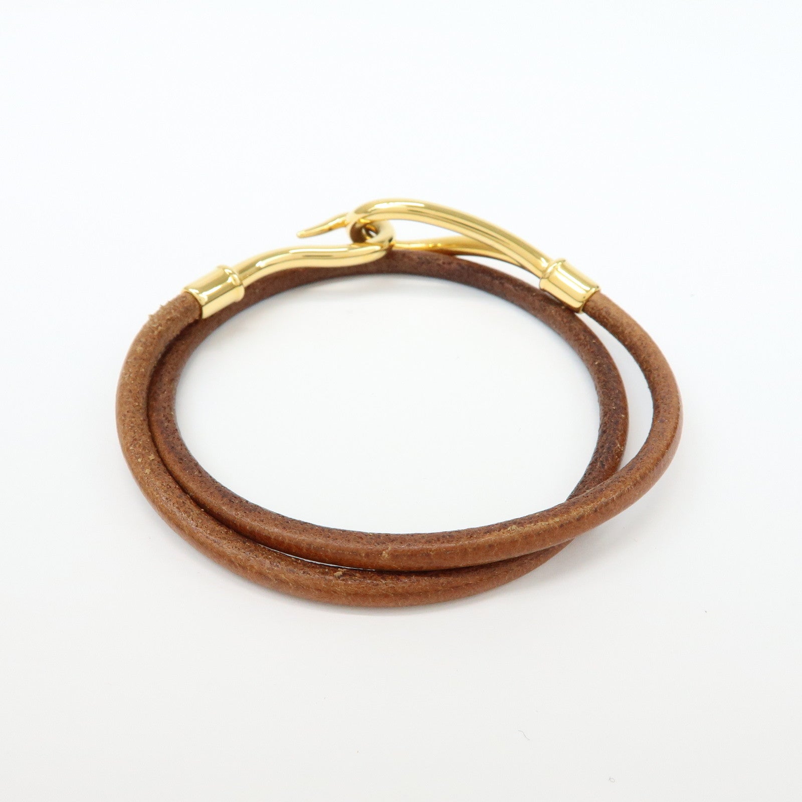 HERMES Set of 2 Jumbo Choker Leather Bracelet Brown Gold Silver