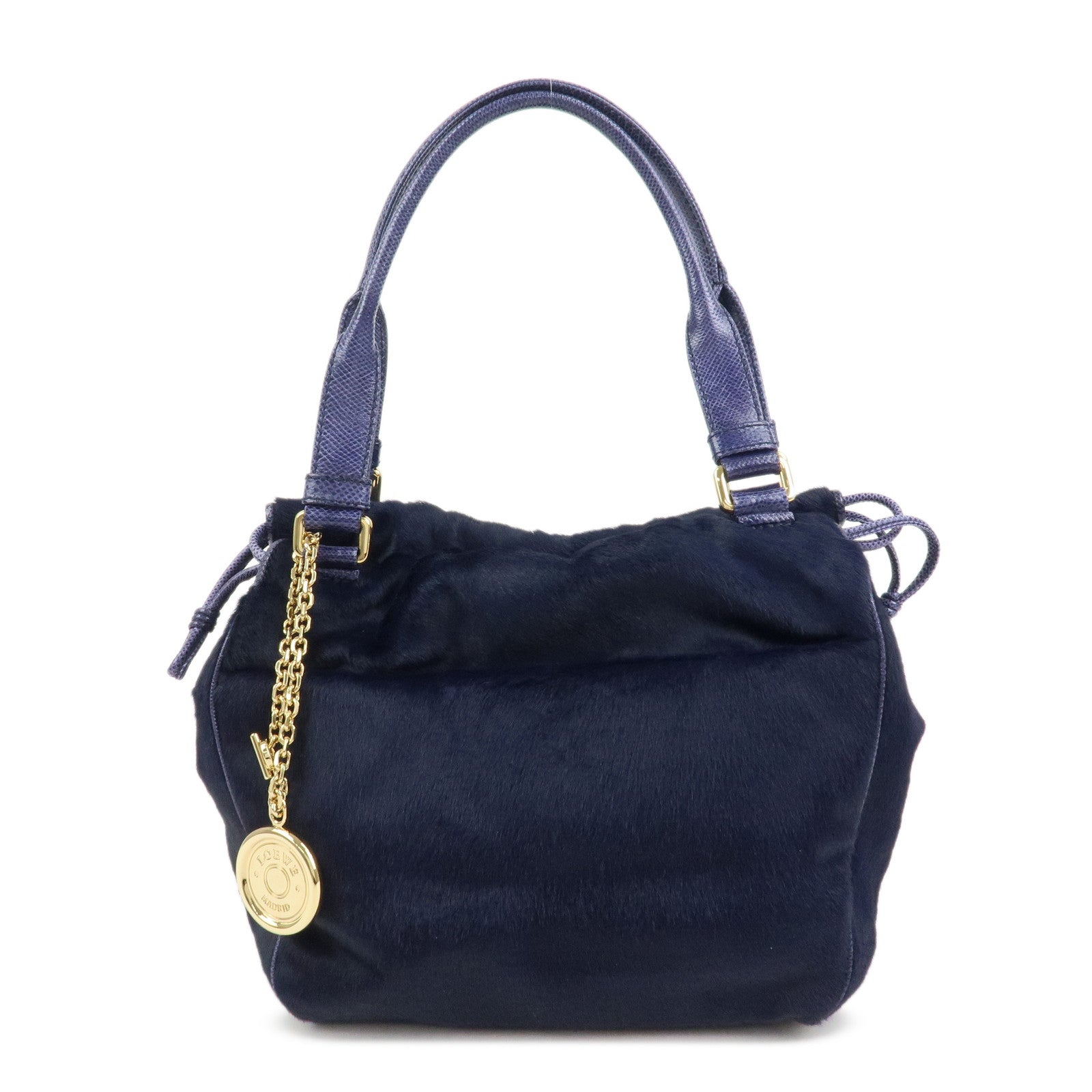 LOEWE Logo Unborn Calf Leather Hand Bag Charm Shoulder Bag Navy